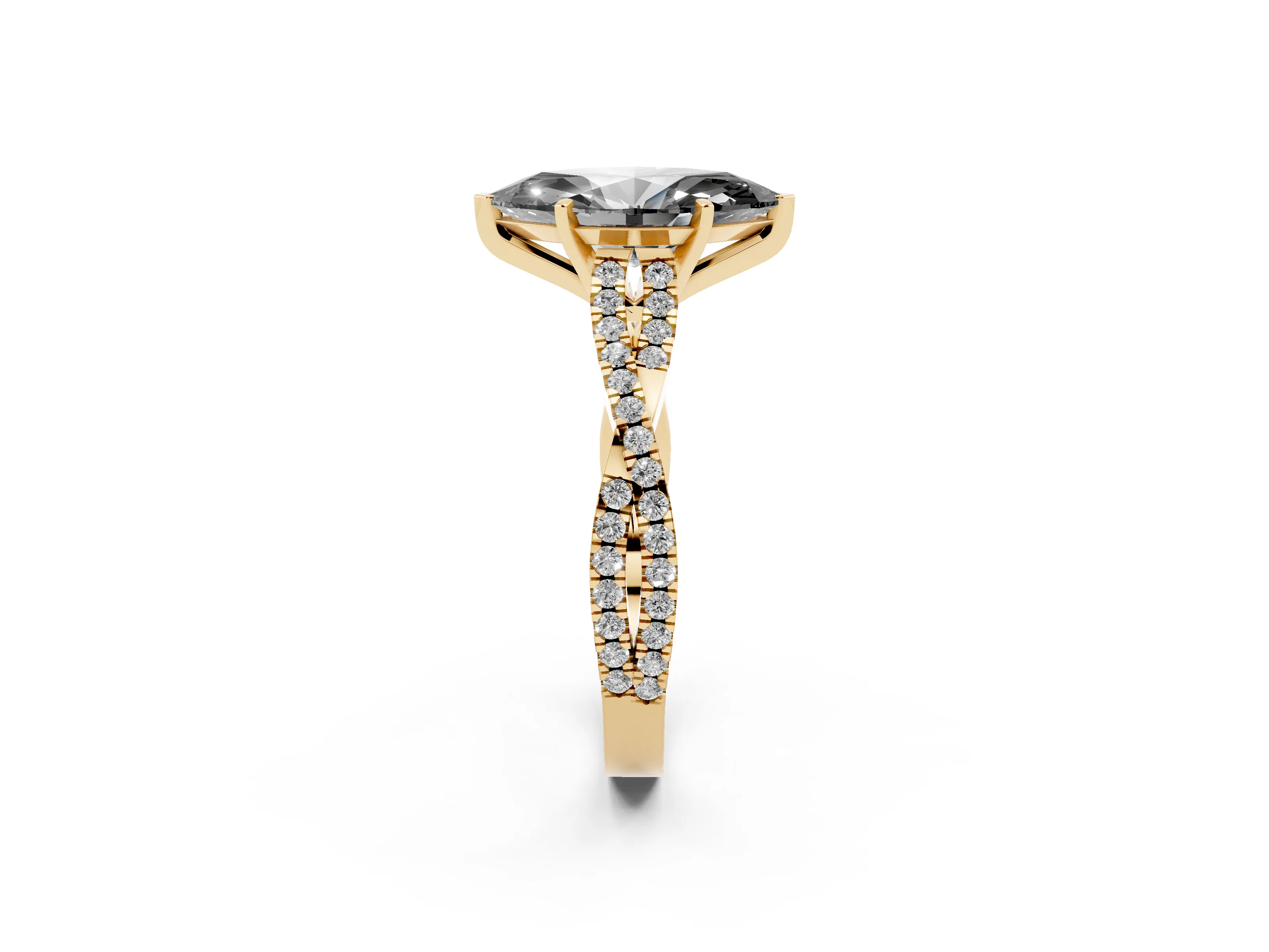 Fancy Black Marquise Cut Diamond Solitaire Engagement Ring Set in Yellow gold with Twisted Pavé Band and Prong Setting