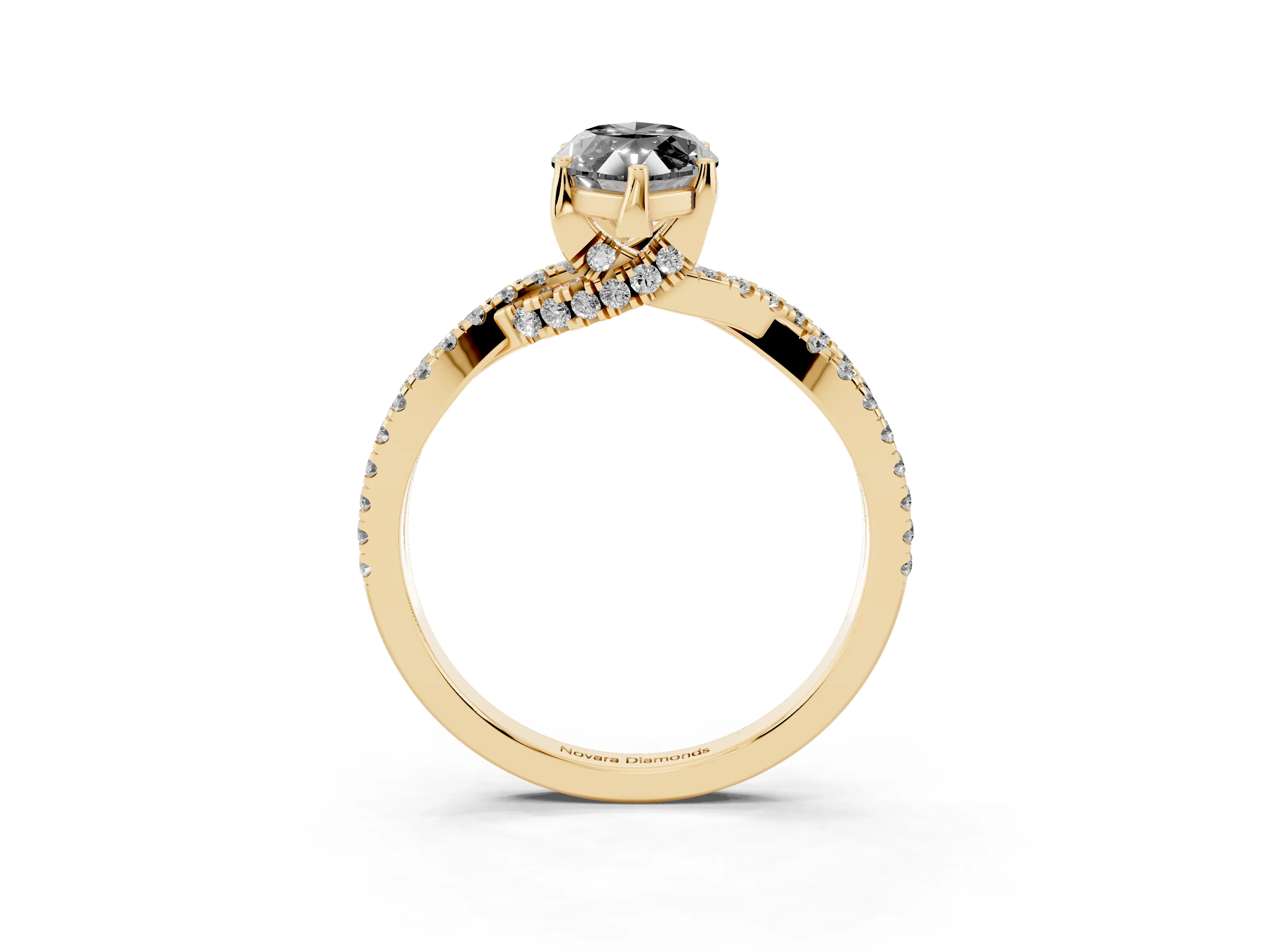 Fancy Black Marquise Cut Diamond Twist Pavé Solitaire Engagement Ring Set in Yellow gold with Prong Setting
