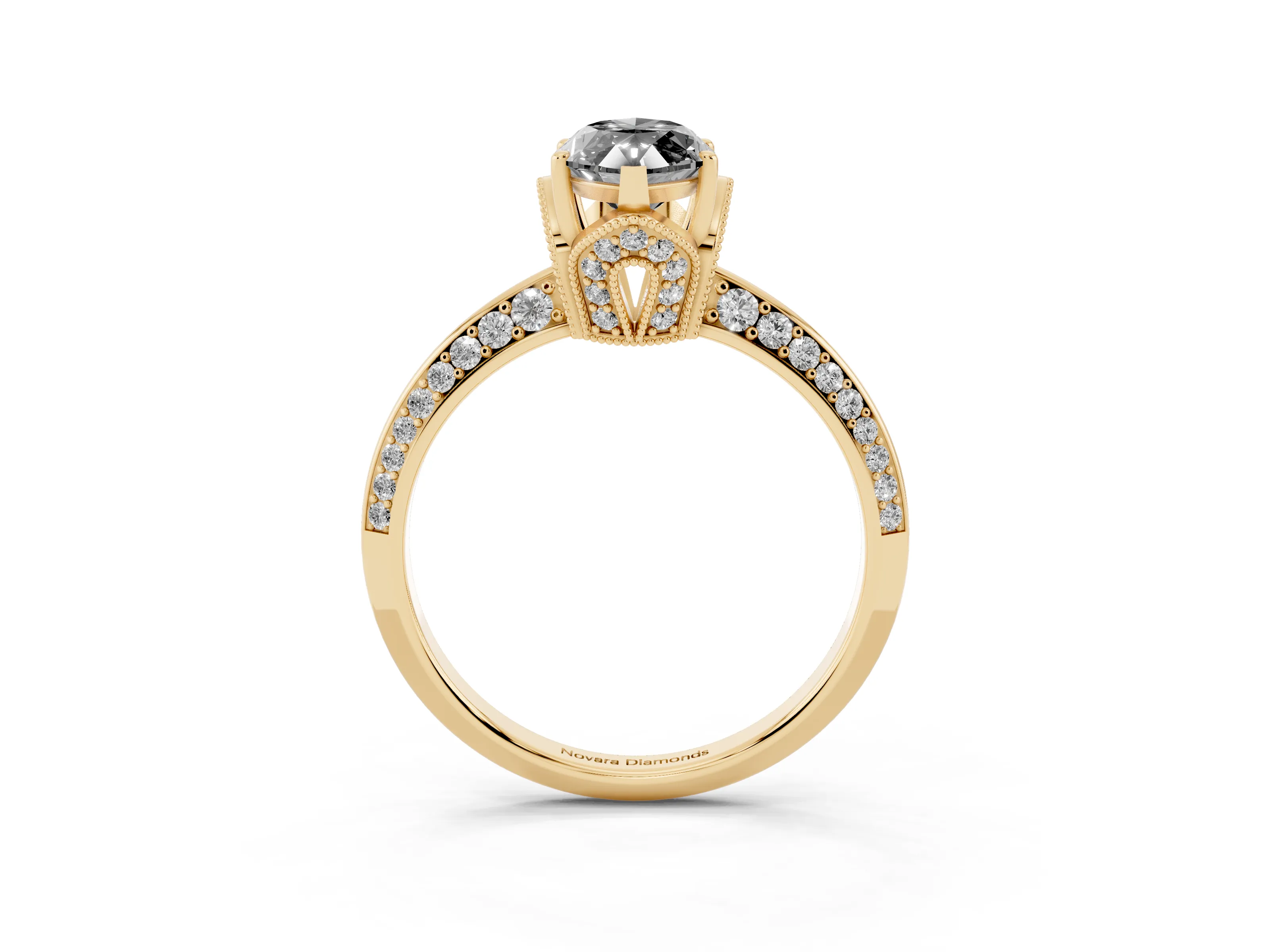 Fancy Black Marquise Cut Diamond Solitaire Engagement Ring Set in Yellow gold with Pavé Split Shank and Prong Setting