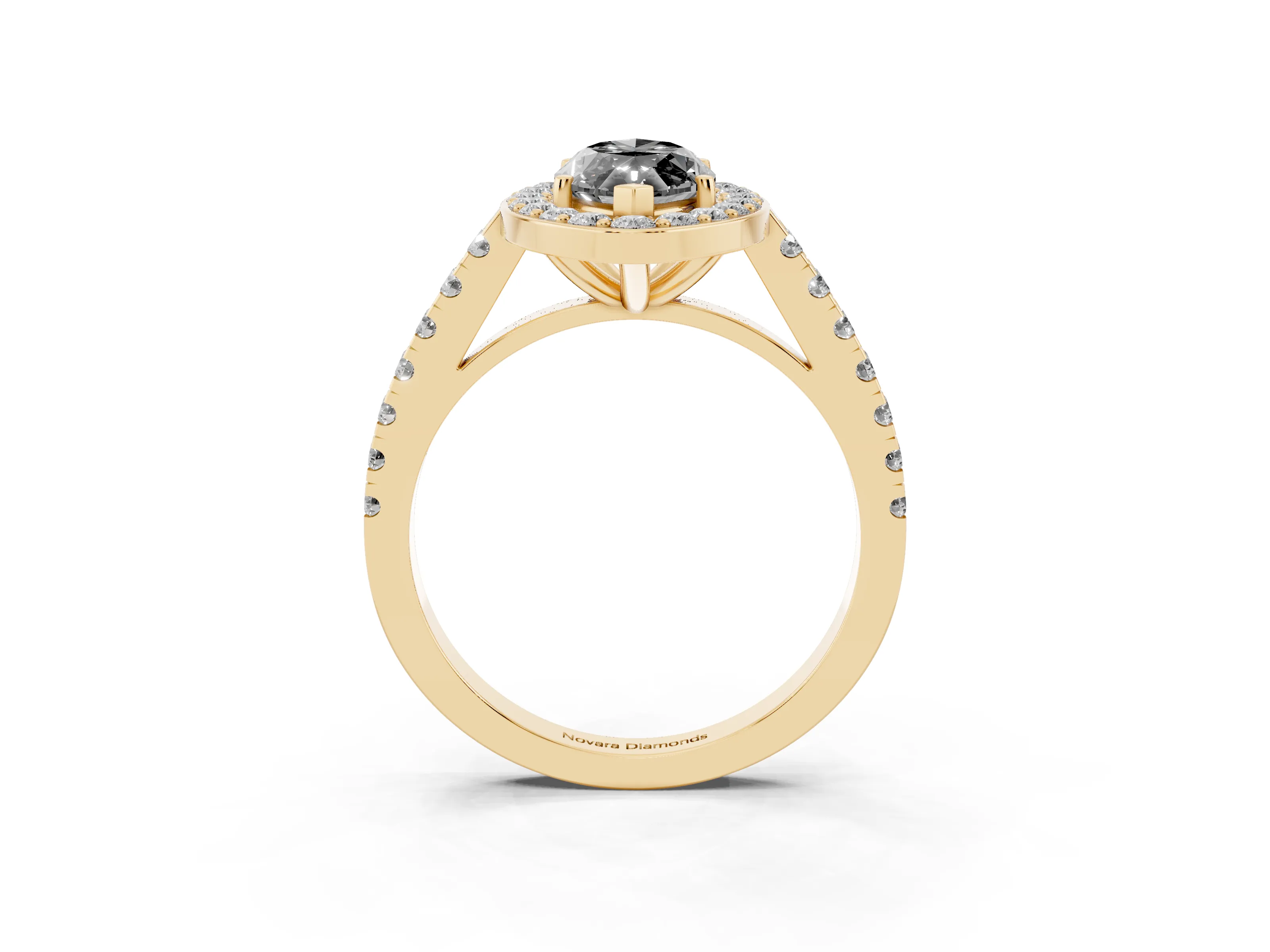 Fancy Black Marquise Cut Diamond Halo Ring Set in Yellow gold with Round Pavé Split Shank and Prong Setting