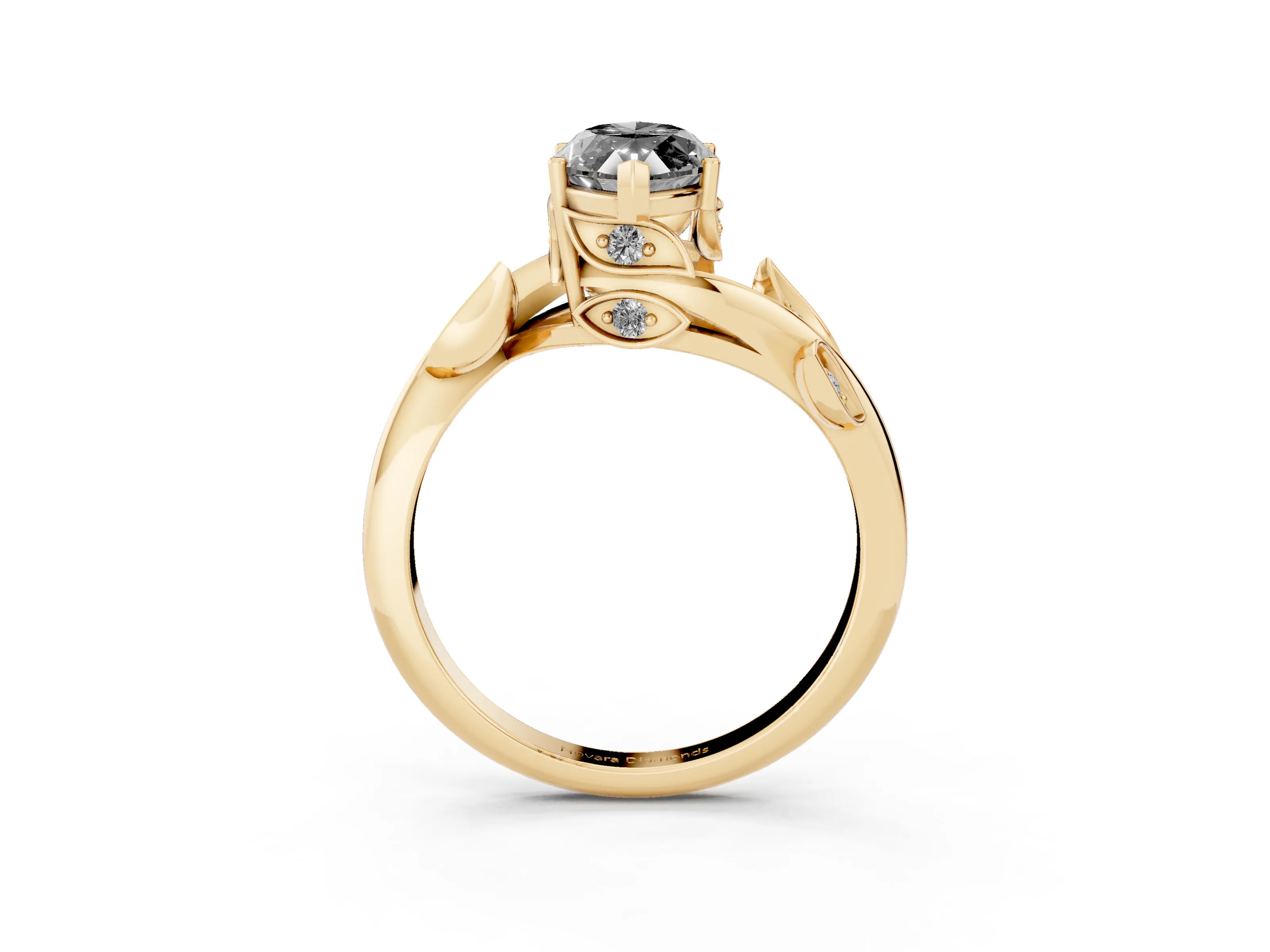 Fancy Black Marquise Cut Diamond Solitaire Twist Engagement Ring Set in Yellow gold with Pavé Leaf Accents