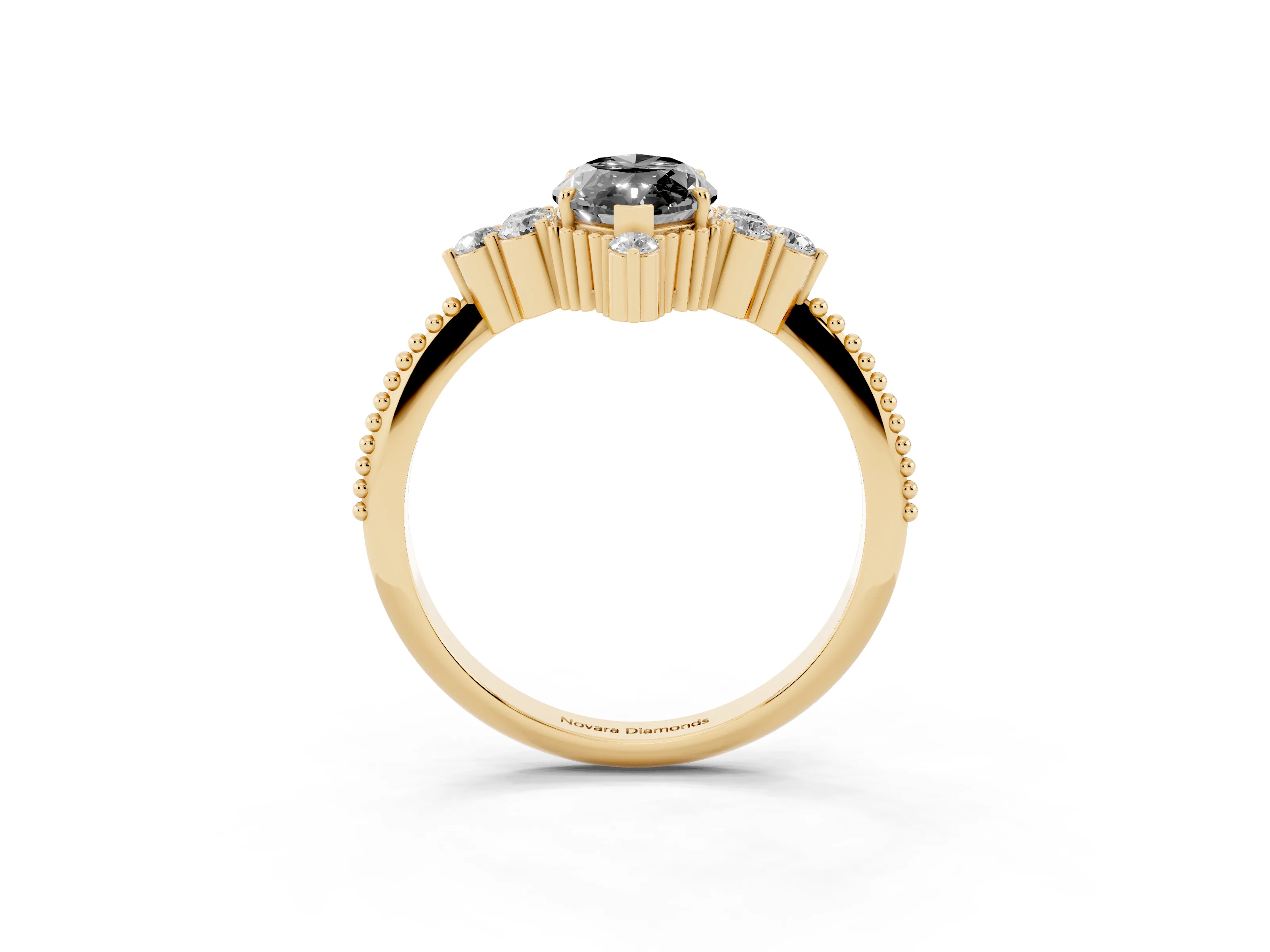 Fancy Black Marquise Cut Diamond Cluster Ring Set in Yellow gold with Beaded Band