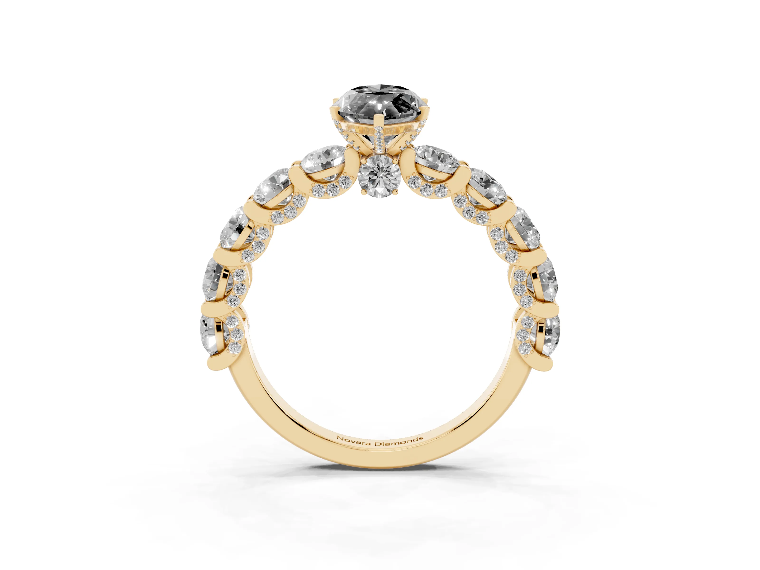Fancy Black Marquise Cut Diamond Side Stone Ring Set in Yellow gold with Alternating Round and Oval Side Stones