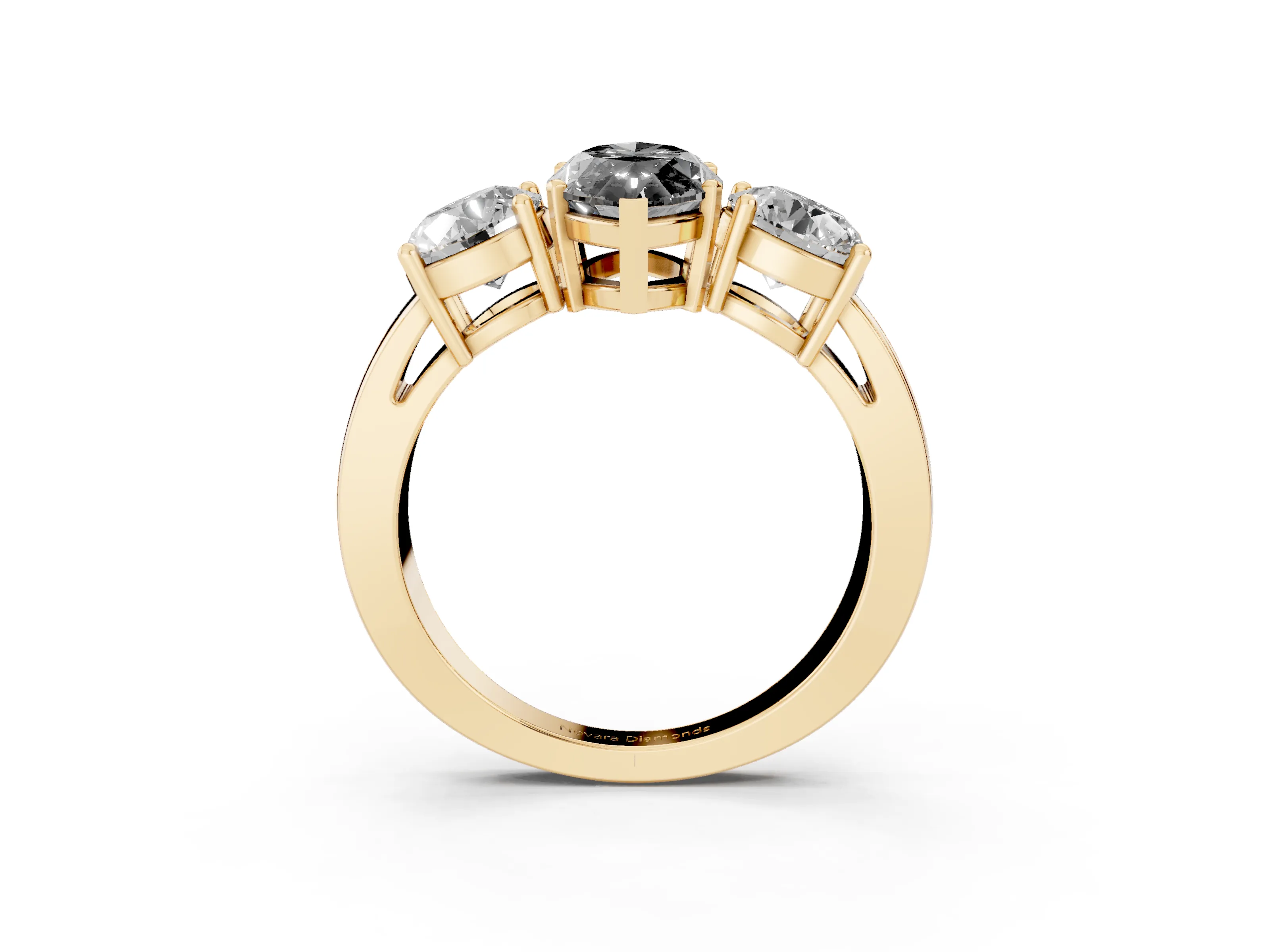 Fancy Black Marquise Cut Diamond Three-Stone Ring Set in Yellow gold with Round Side Stones and Classic Band