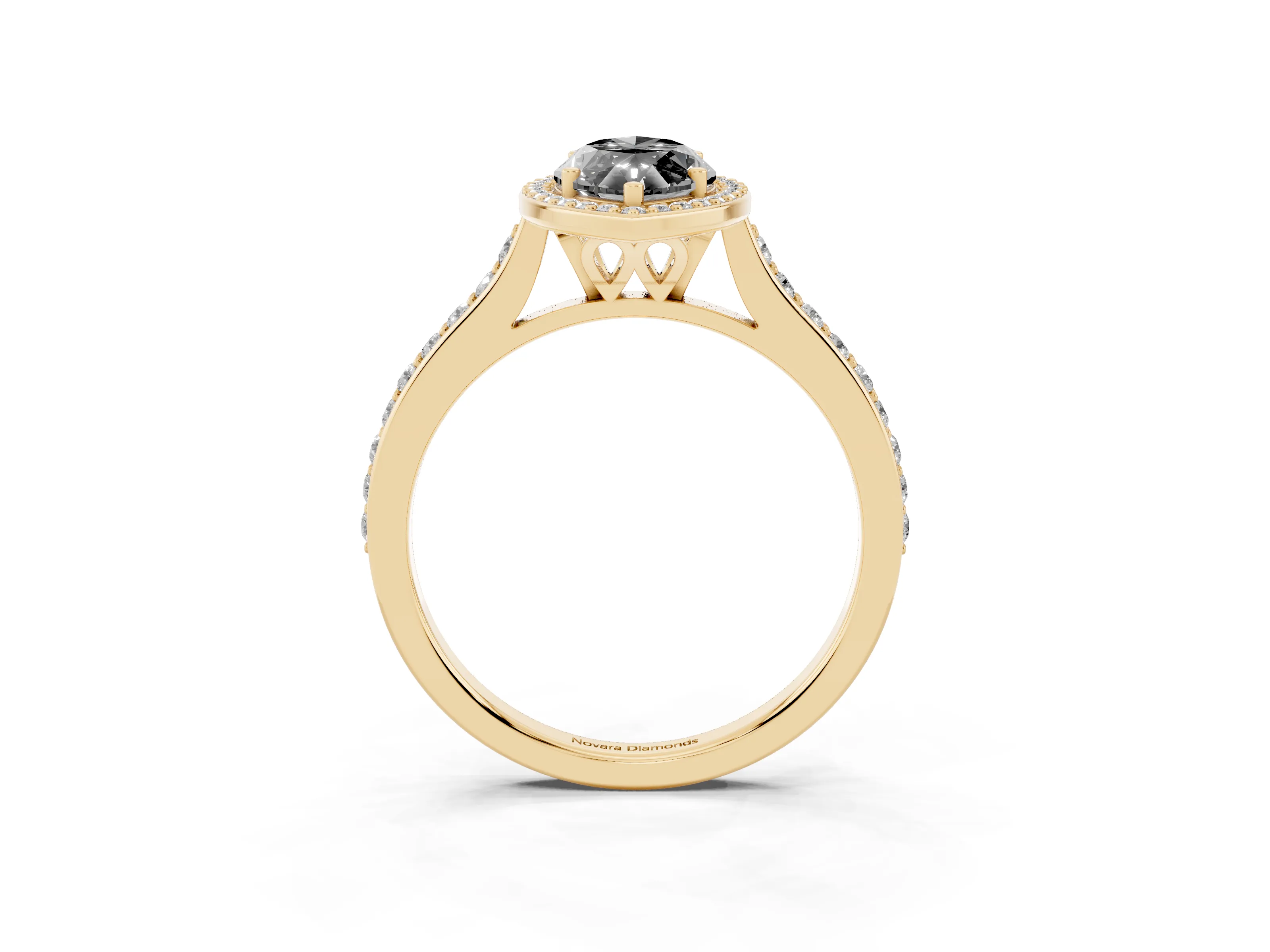 Fancy Black Marquise Cut Diamond Halo Engagement Ring Set in Yellow gold with Round Pavé Shoulders and Heart Gallery