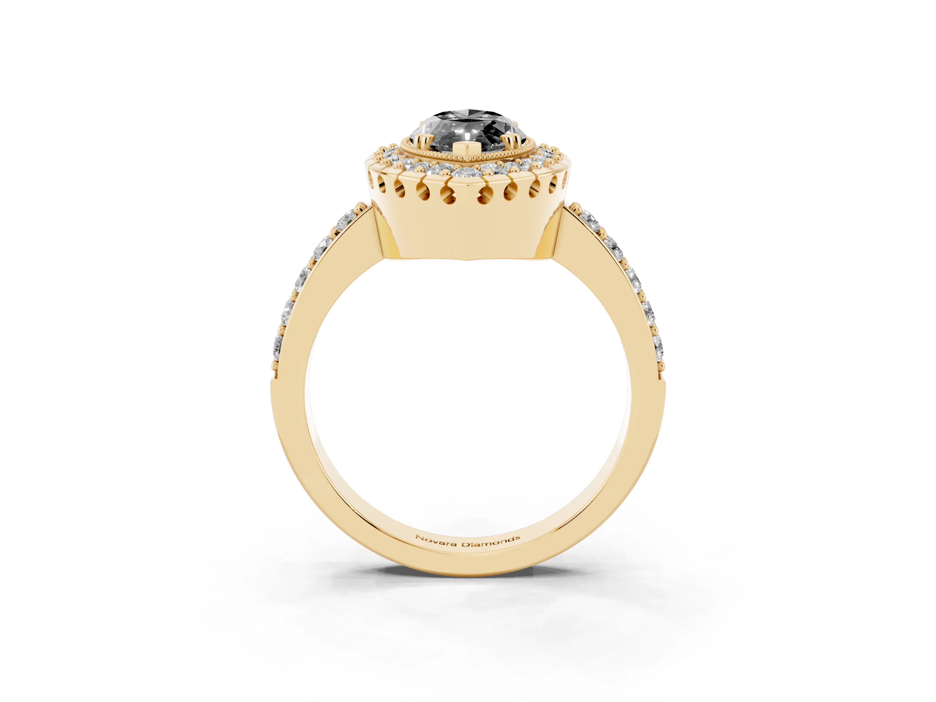 Fancy Black Marquise Cut Diamond Halo Ring Set in Yellow gold with Pavé Shank and Prong Setting