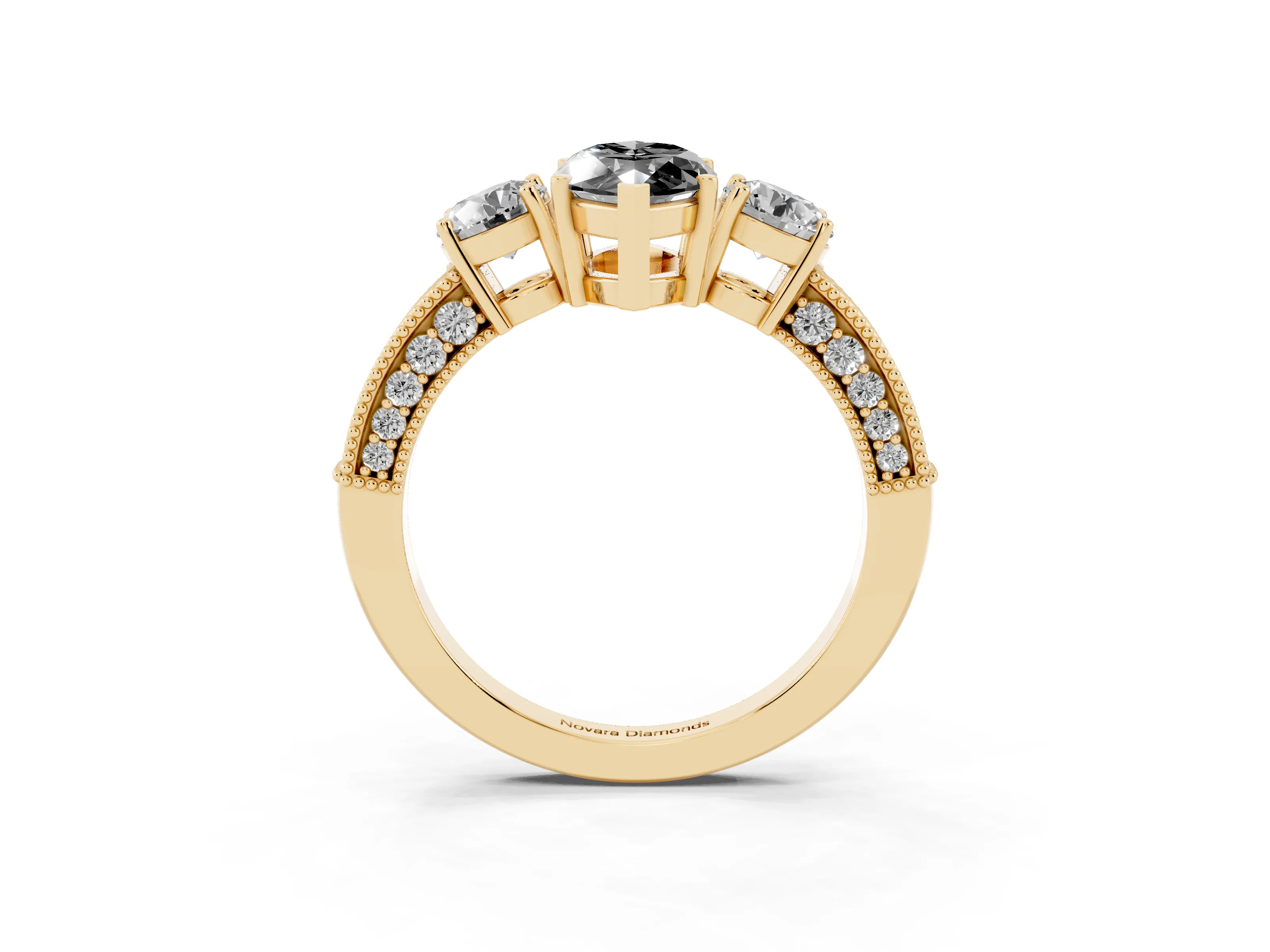 Fancy Black Marquise Cut Diamond Three-Stone Ring Set in Yellow gold with Round Side Stones and Pavé Band