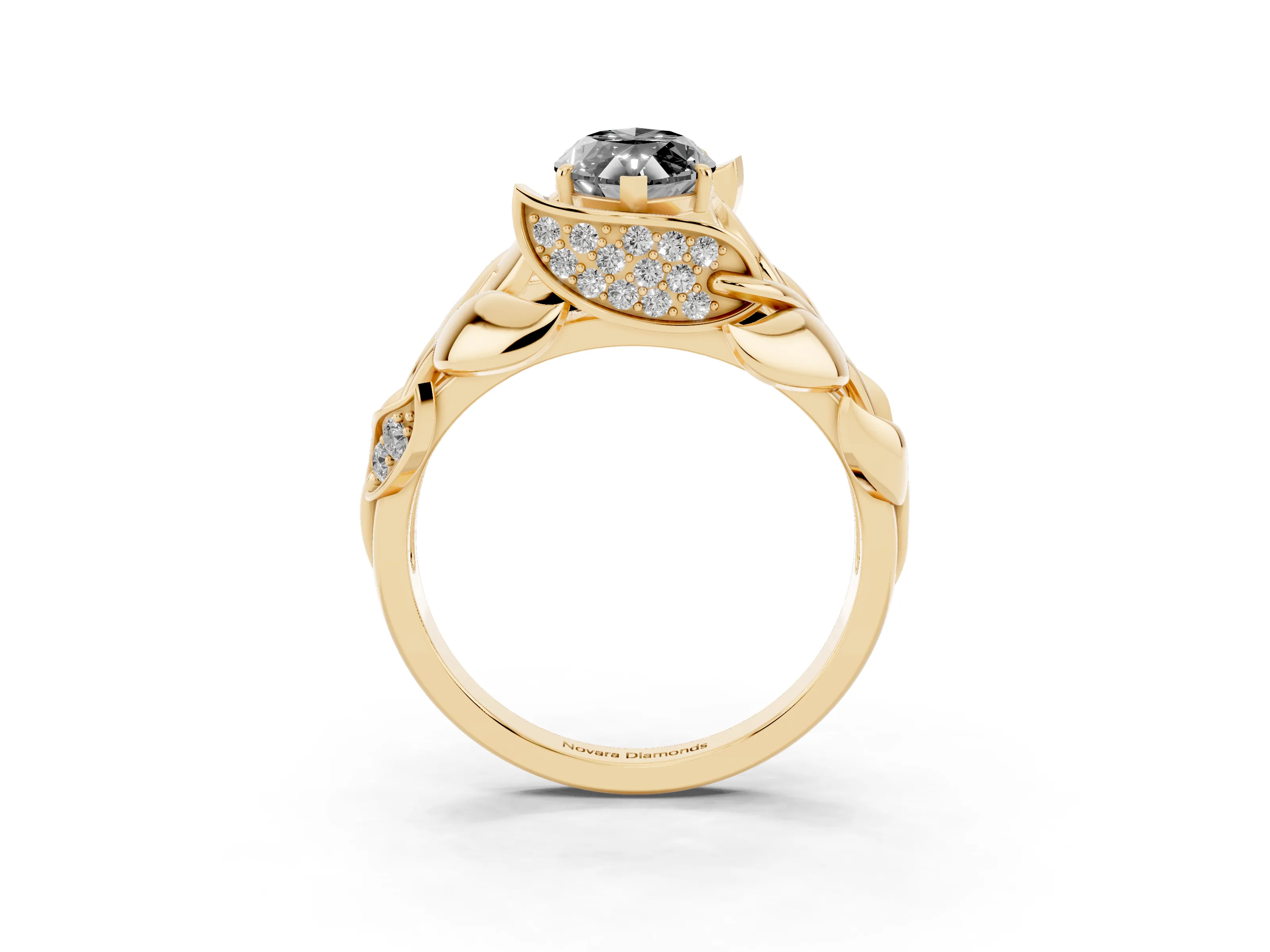 Fancy Black Marquise Cut Diamond Leaf-Inspired Engagement Ring Set in Yellow gold with Round Accents