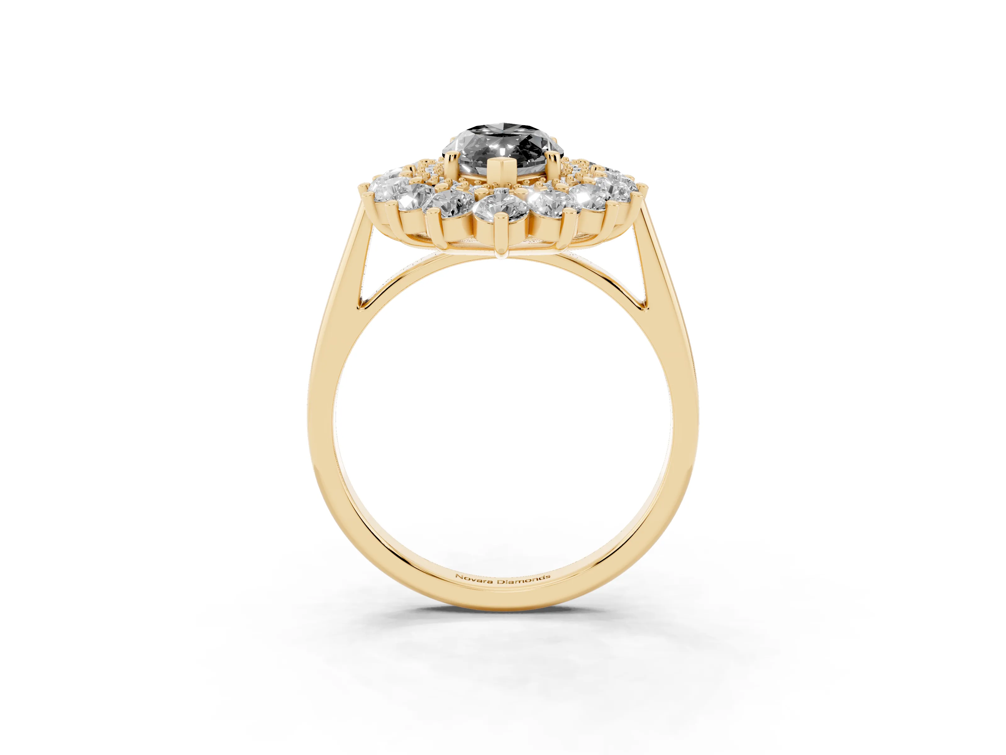 Fancy Black Marquise Cut Diamond Floral Double Halo Ring Set in Yellow gold with Round Petals