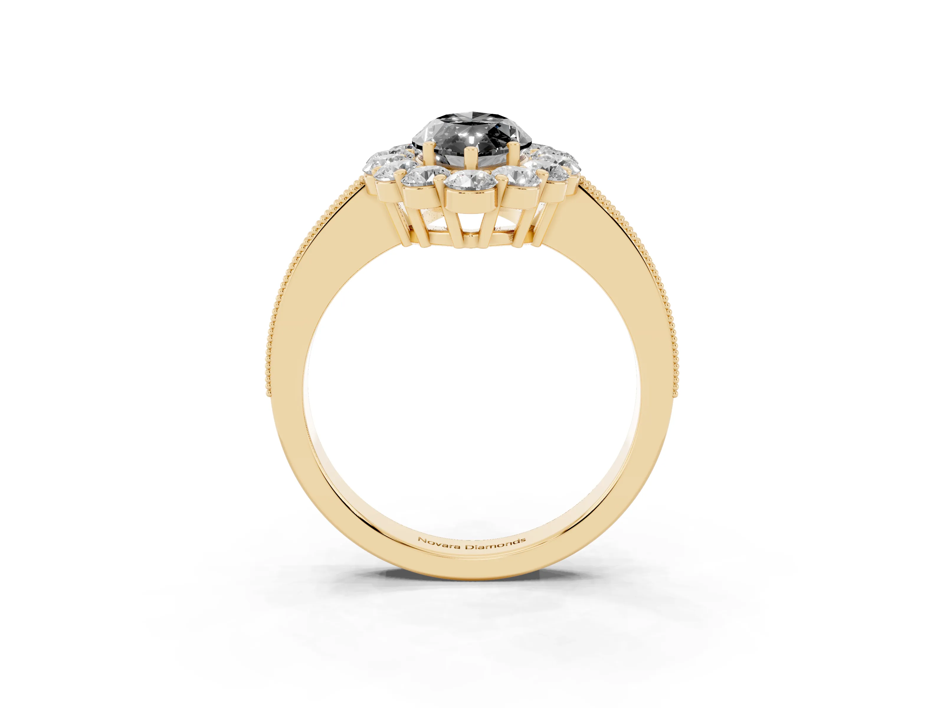 Fancy Black Marquise Cut Diamond Halo Pavé Engagement Ring Set in Yellow gold with Milgrain Detailing