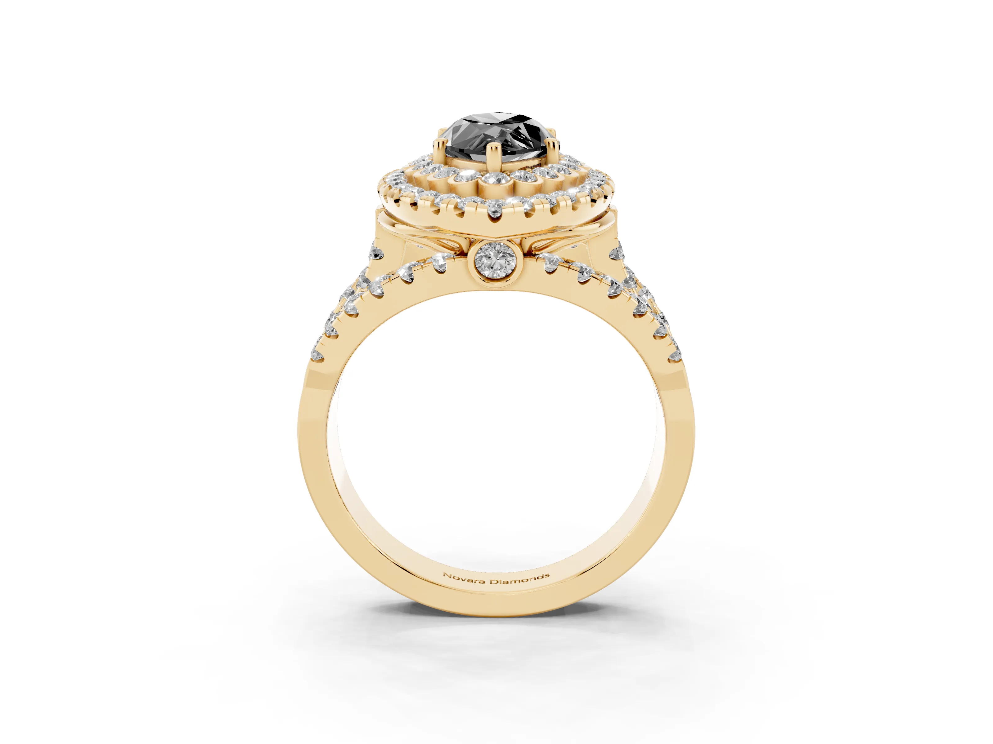 Fancy Black Marquise Cut Diamond Double Halo Ring Set in Yellow gold with Round Pavé Split Shank