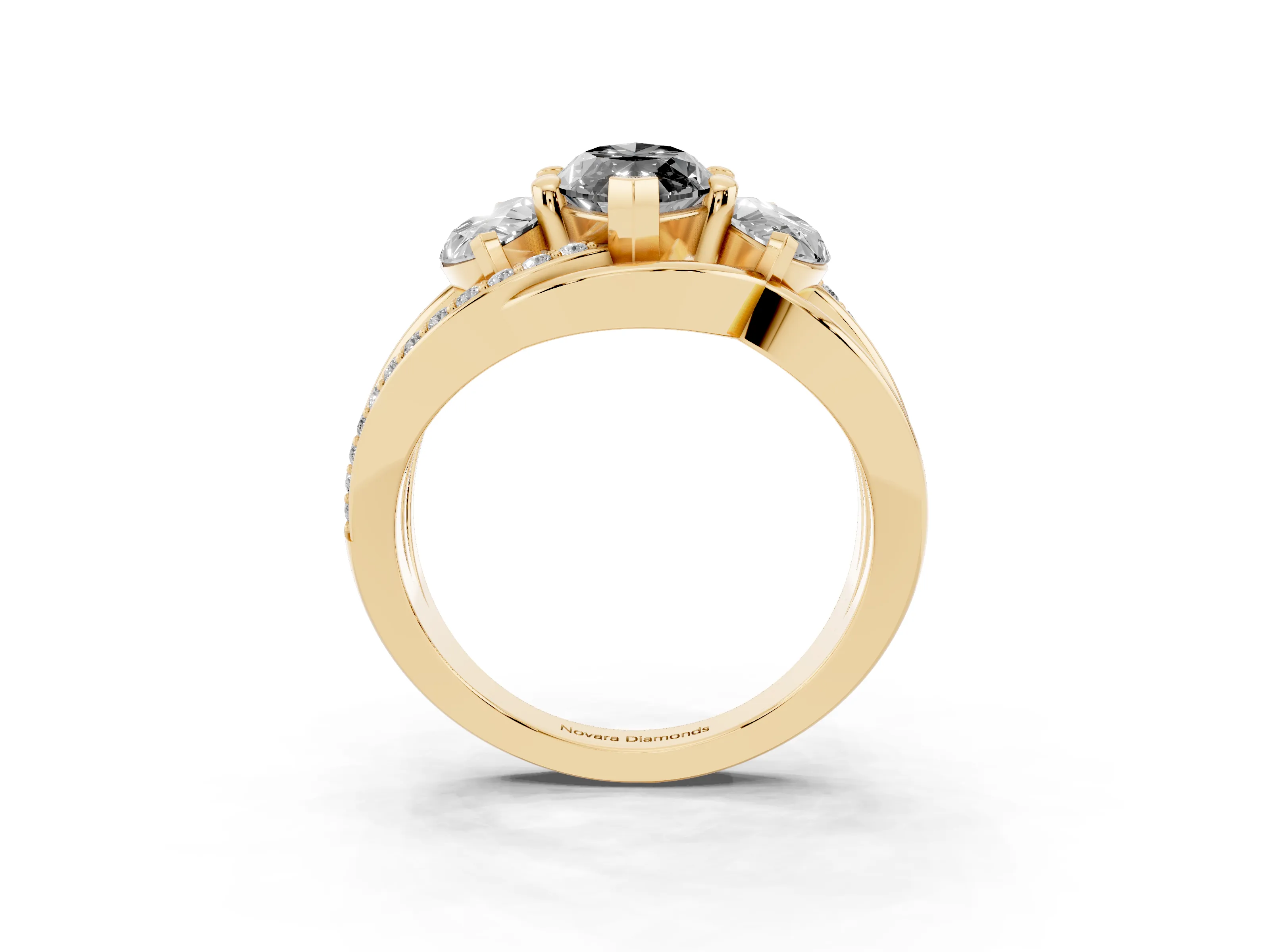 Fancy Black Marquise Cut Diamond Three-Stone Ring Set in Yellow gold with Split Shank and Prong Setting