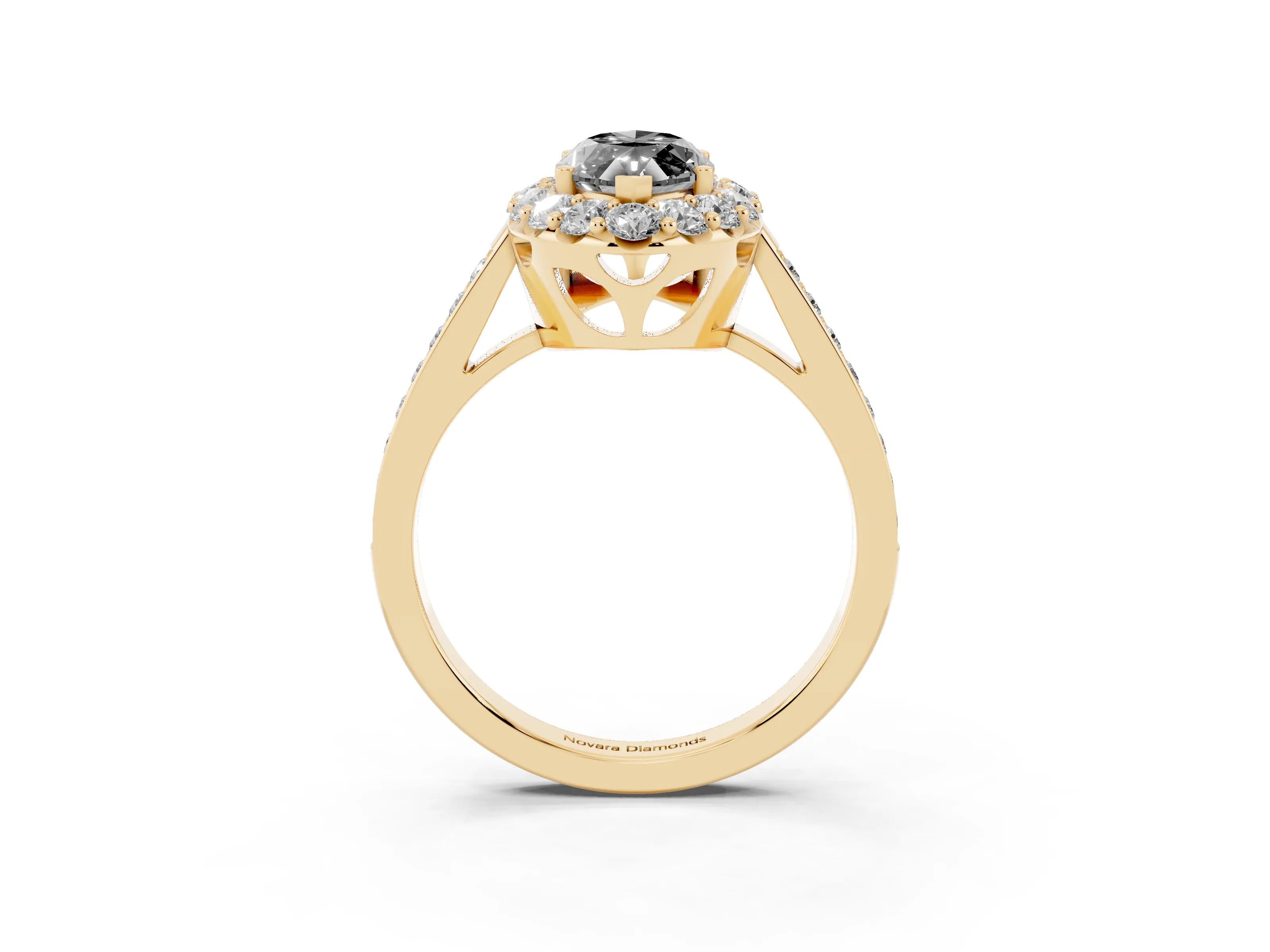 Fancy Black Marquise Cut Diamond Floral Halo Ring Set in Yellow gold with Pavé Band and Prong Setting