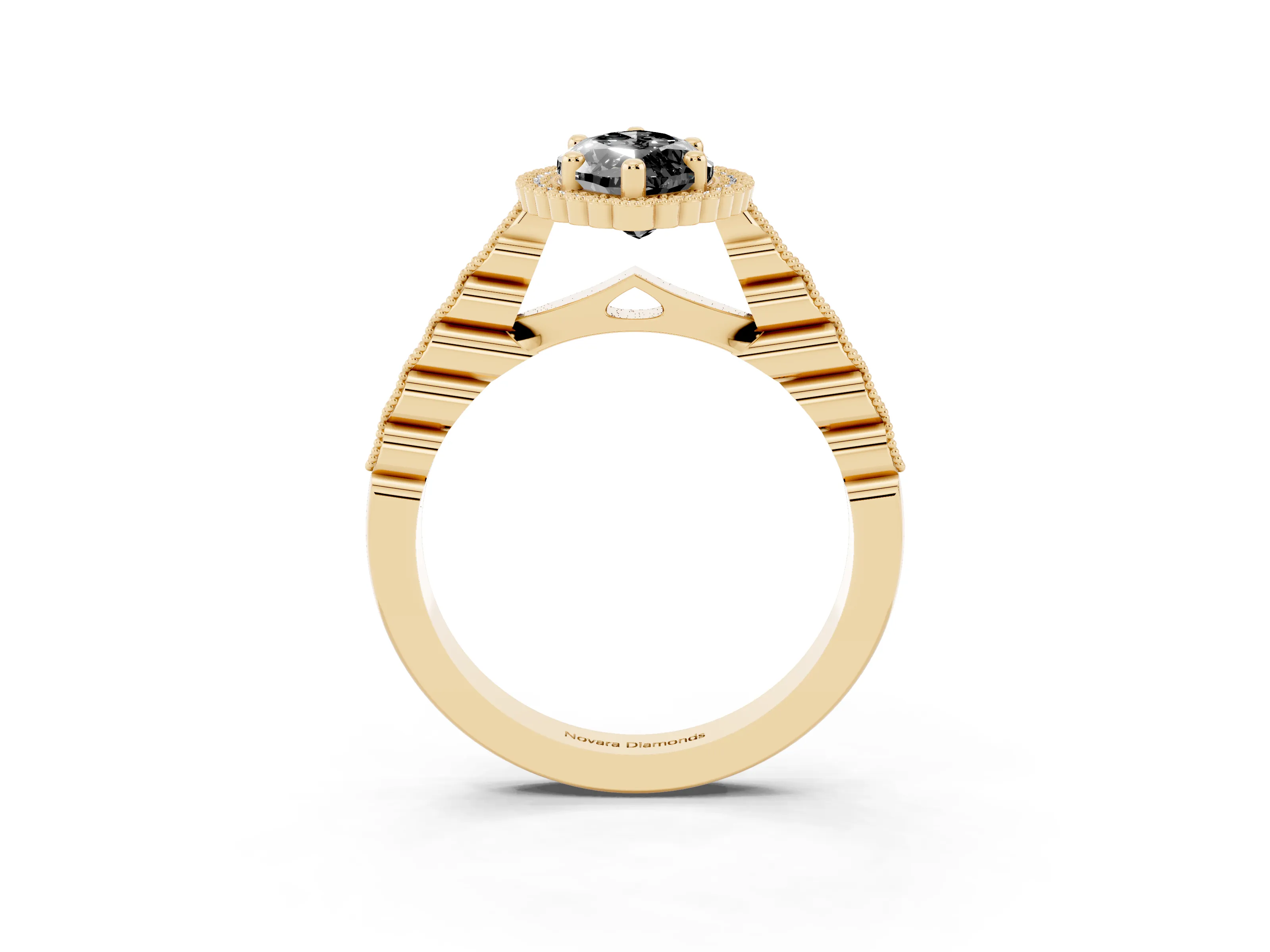 Fancy Black Marquise Cut Diamond Halo Ring Set in Yellow gold with Pavé Milgrain Band