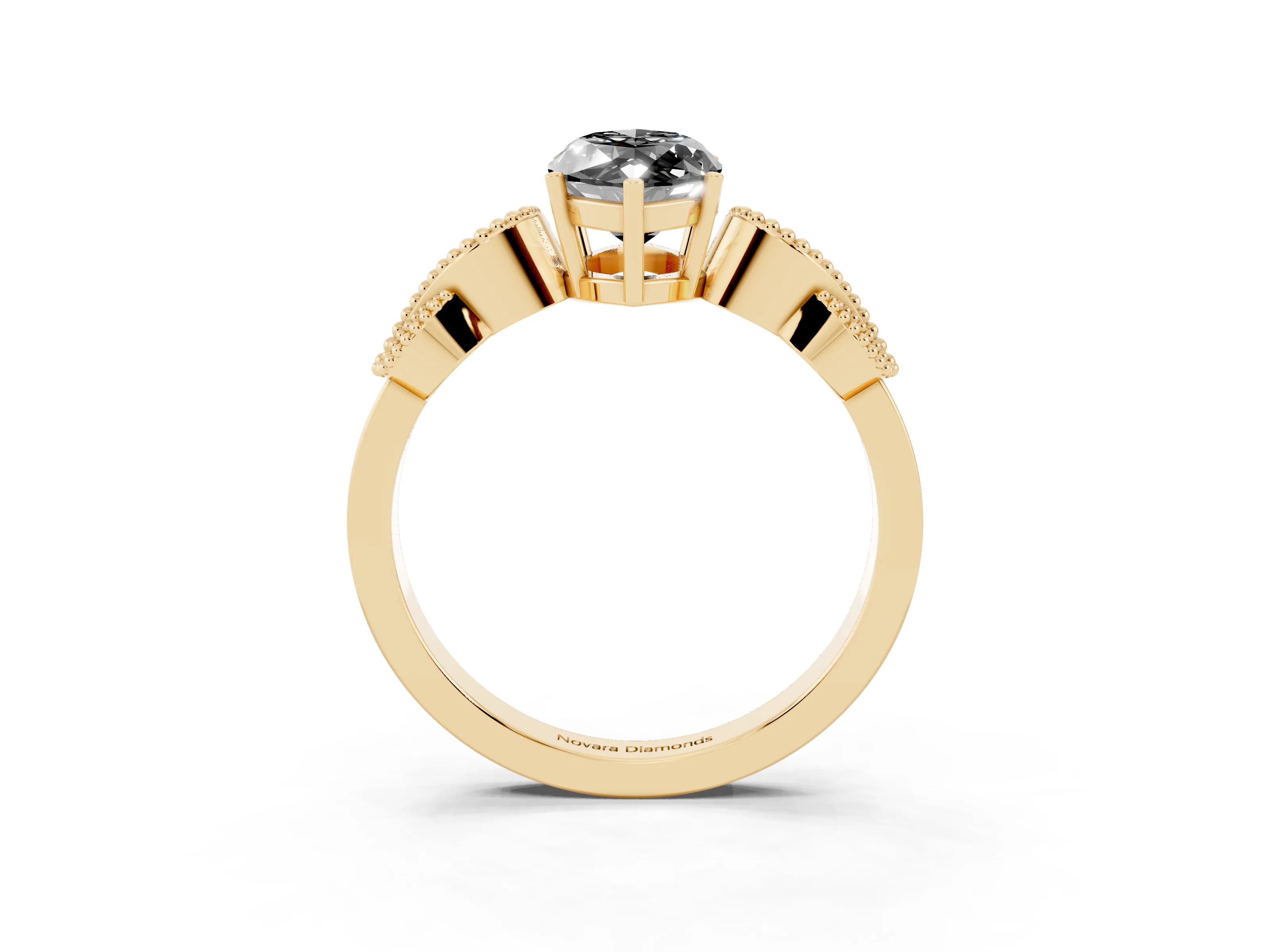 Fancy Black Marquise Cut Diamond Milgrain Leaf Band Solitaire Ring Set in Yellow gold with Accent Stones and Prong Setting