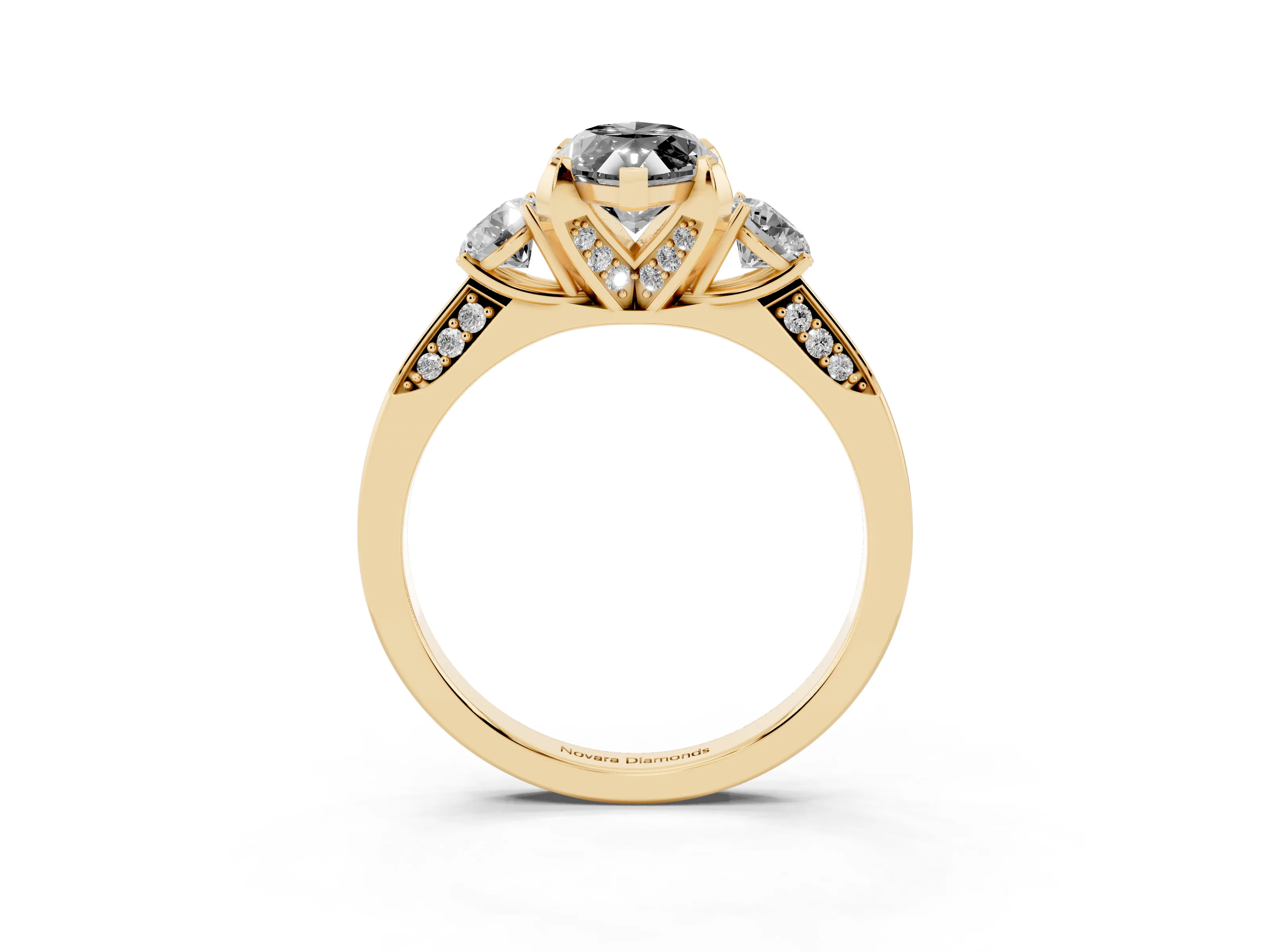 Fancy Black Marquise Cut Diamond Three-Stone Ring Set in Yellow gold with Pavé Band and Smaller Side Stones