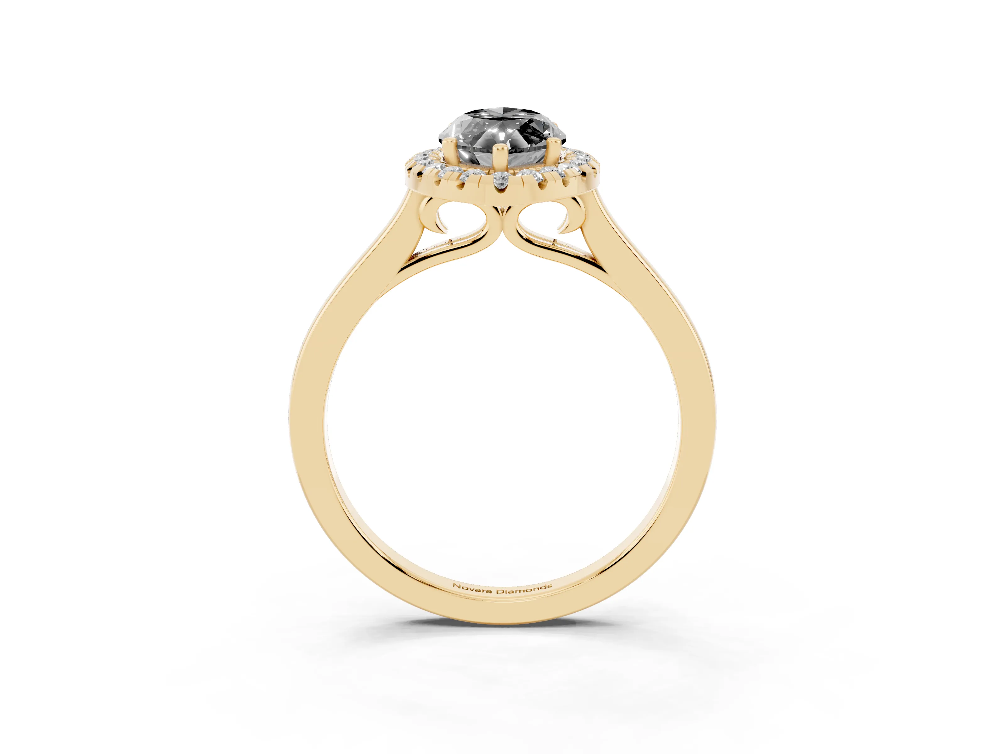 Fancy Black Marquise Cut Halo Round Diamond Solitaire Ring Set in Yellow gold with Pavé Band and Prong Setting