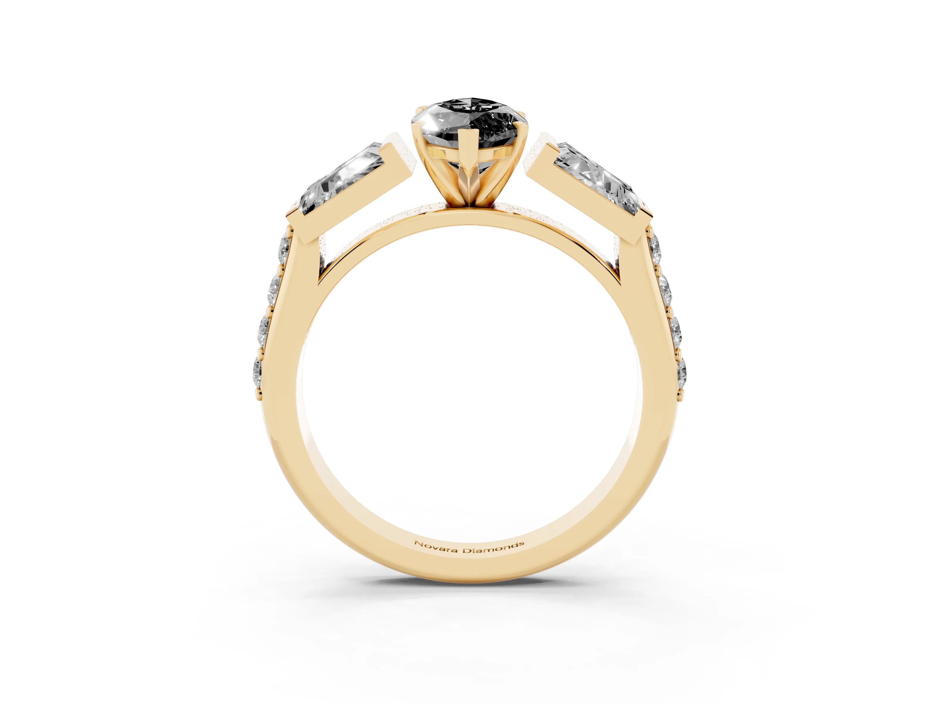 Fancy Black Marquise Cut Diamond Engagement Ring Set in Yellow gold with Baguette Side Stones and Channel Set Band