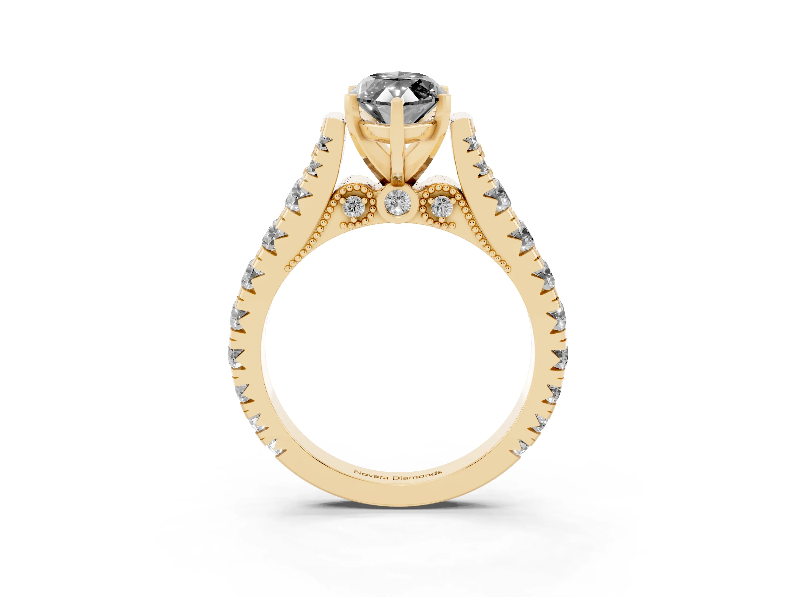 Fancy Black Marquise Cut Diamond Classic Solitaire Ring Set in Yellow gold with Pavé Band and Prong Setting