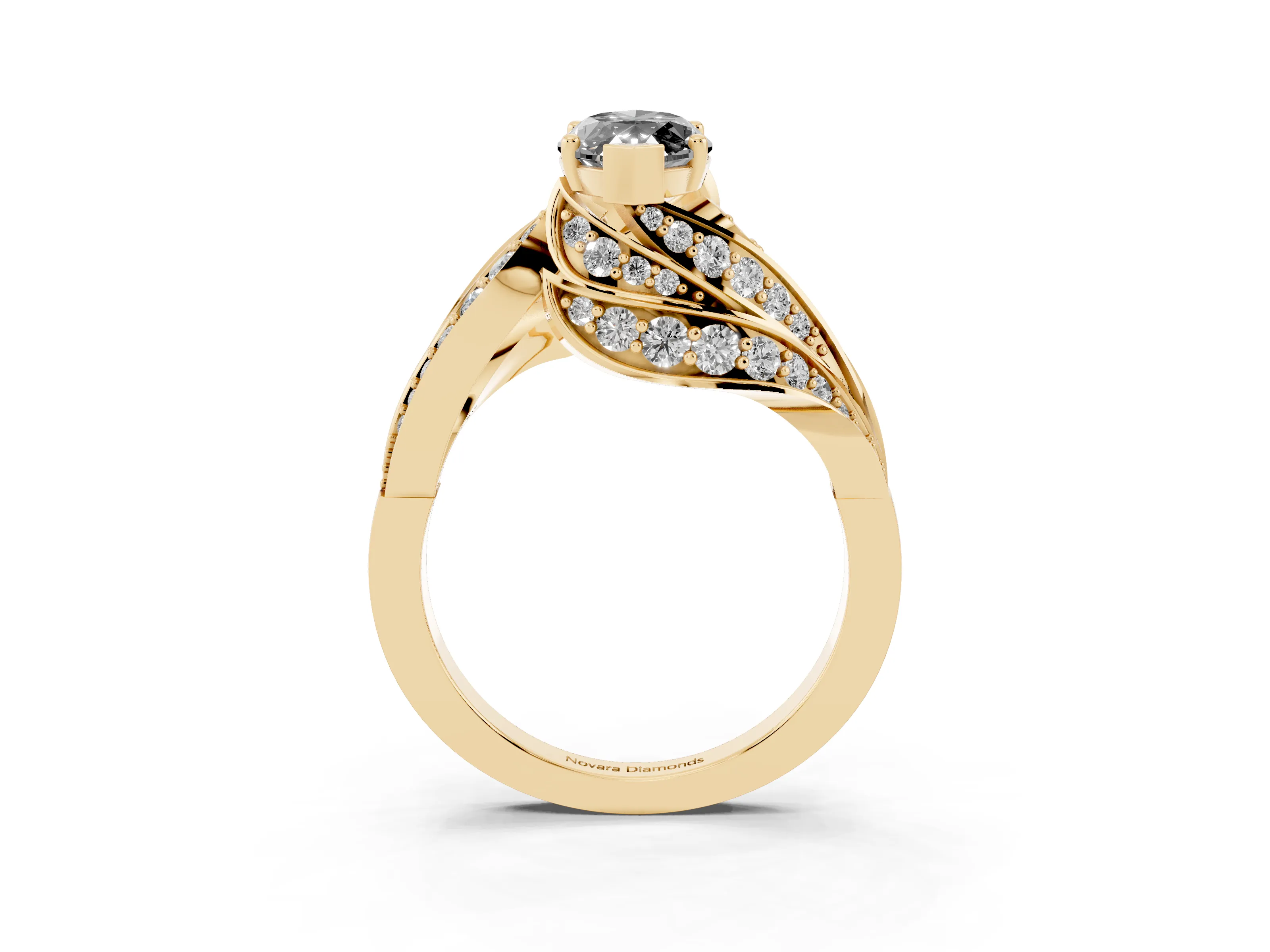 Fancy Black Marquise Cut Diamond Solitaire Ring Set in Yellow gold with Layered Twist Pavé Band