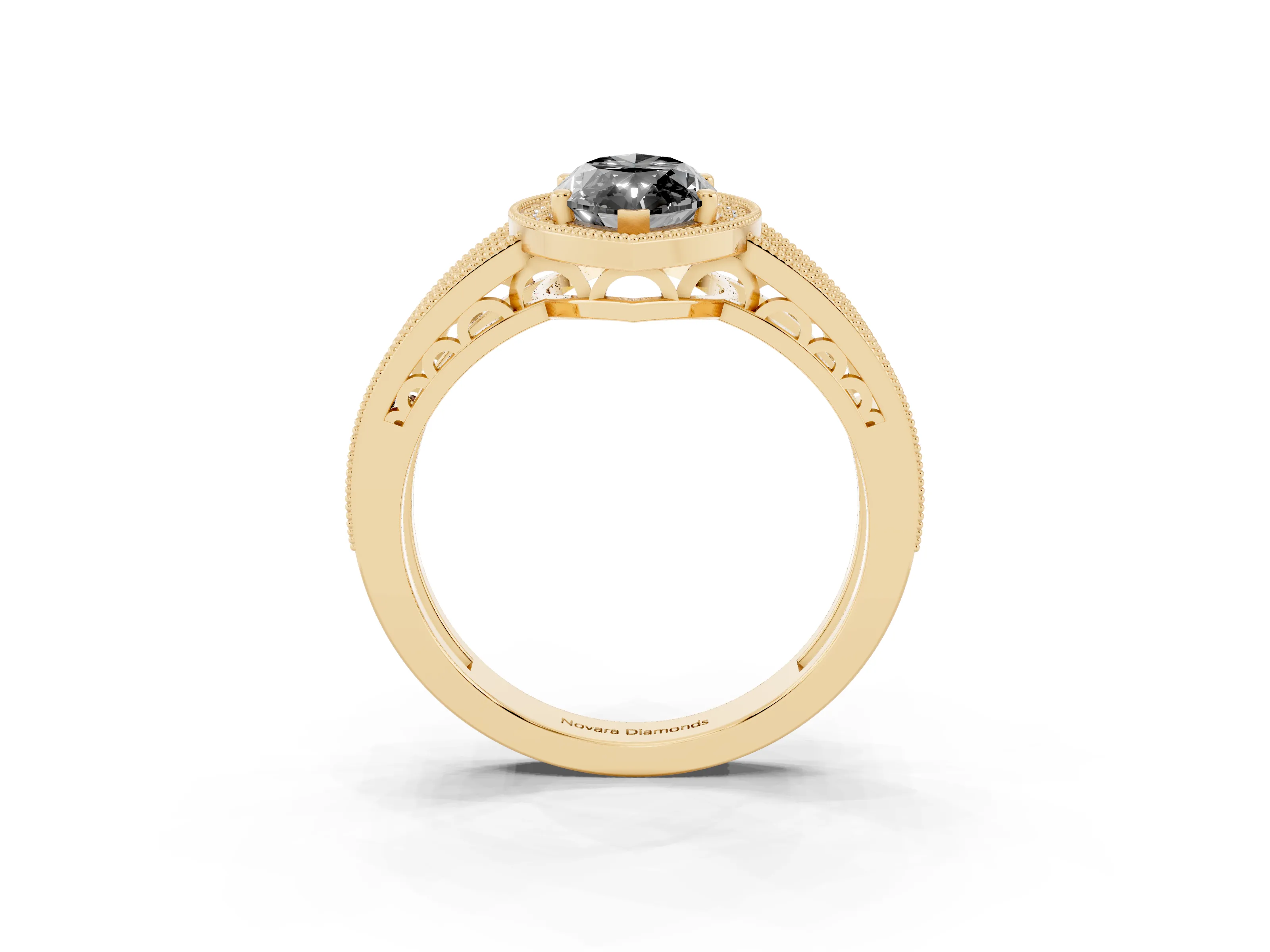 Fancy Black Marquise Cut Diamond Halo Ring Set in Yellow gold with Accent Split Shank and Prong Setting