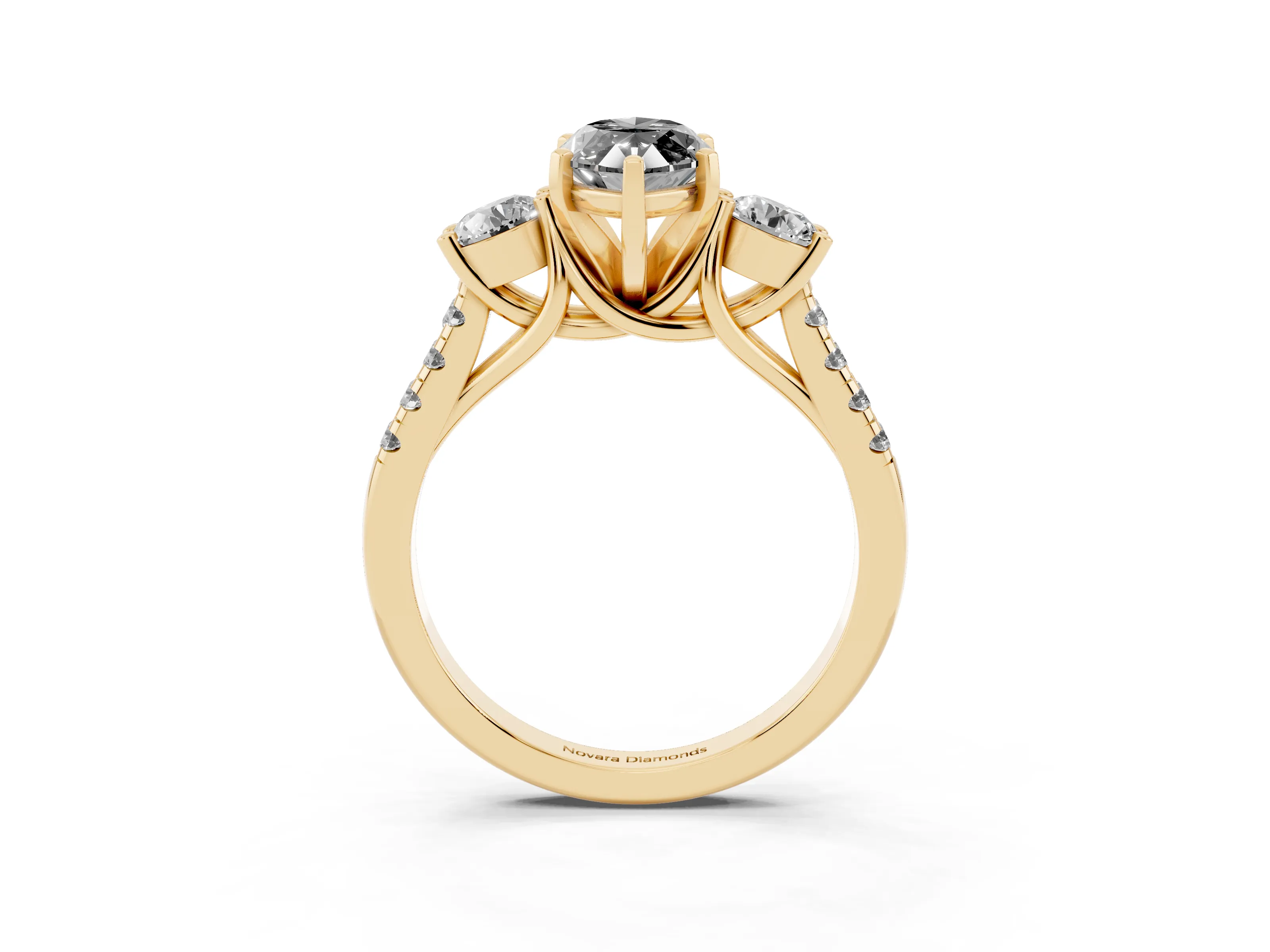Fancy Black Three-Stone Marquise Cut Diamond Pavé Band Ring Set in Yellow gold with Prong-Set Trio