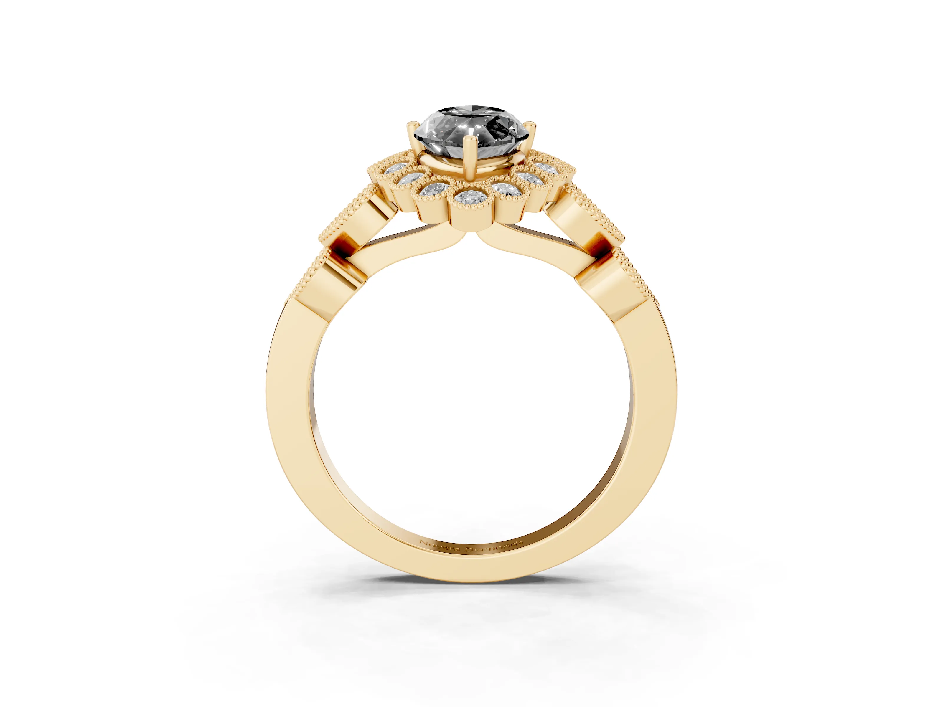 Fancy Black Marquise Cut Diamond Solitaire Ring Set in Yellow gold with Milgrain Pavé Heart Band