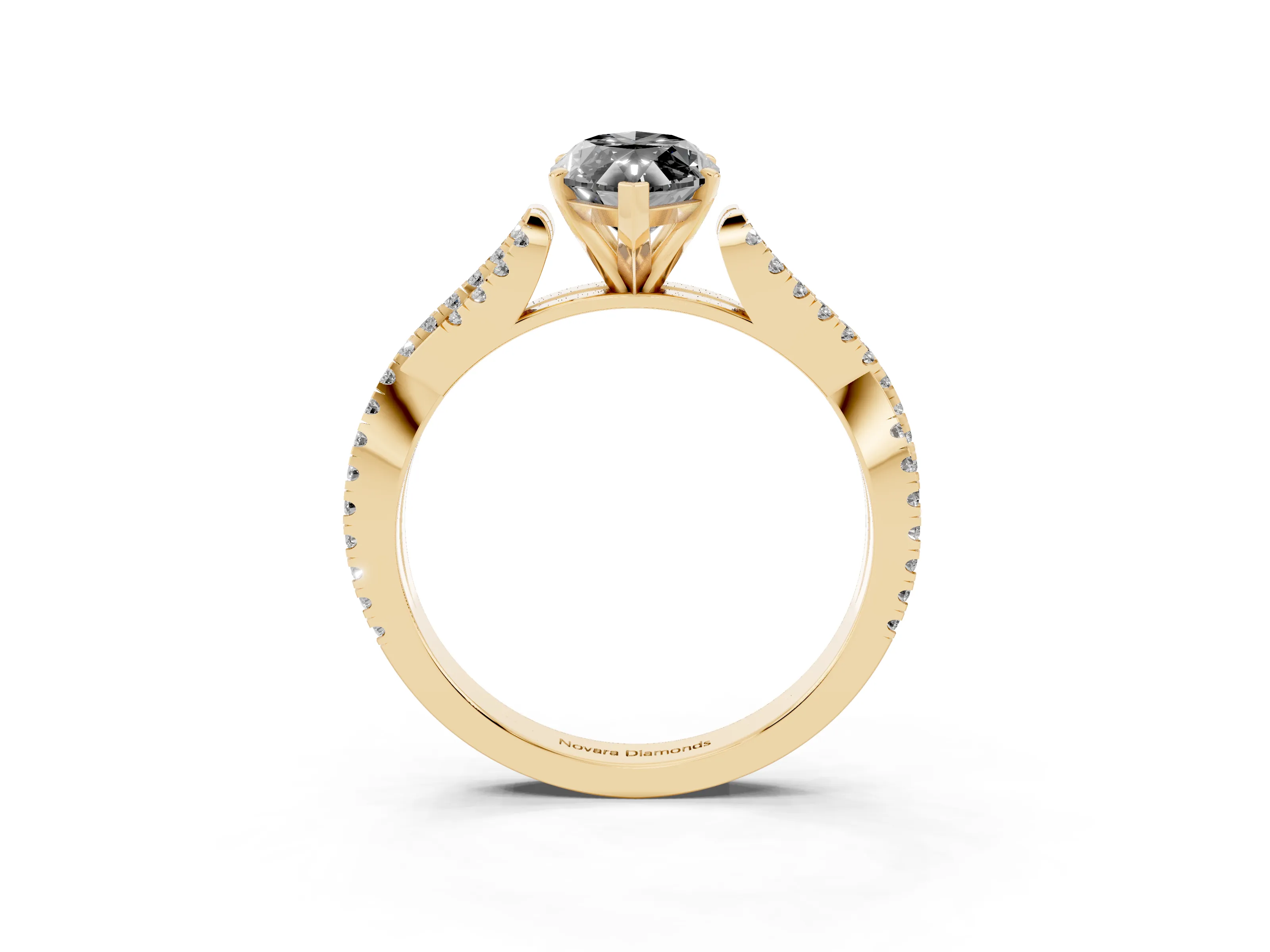 Fancy Black Marquise Cut Diamond Solitaire Engagement Ring Set in Yellow gold with Twisted Pavé Band and Prong Setting