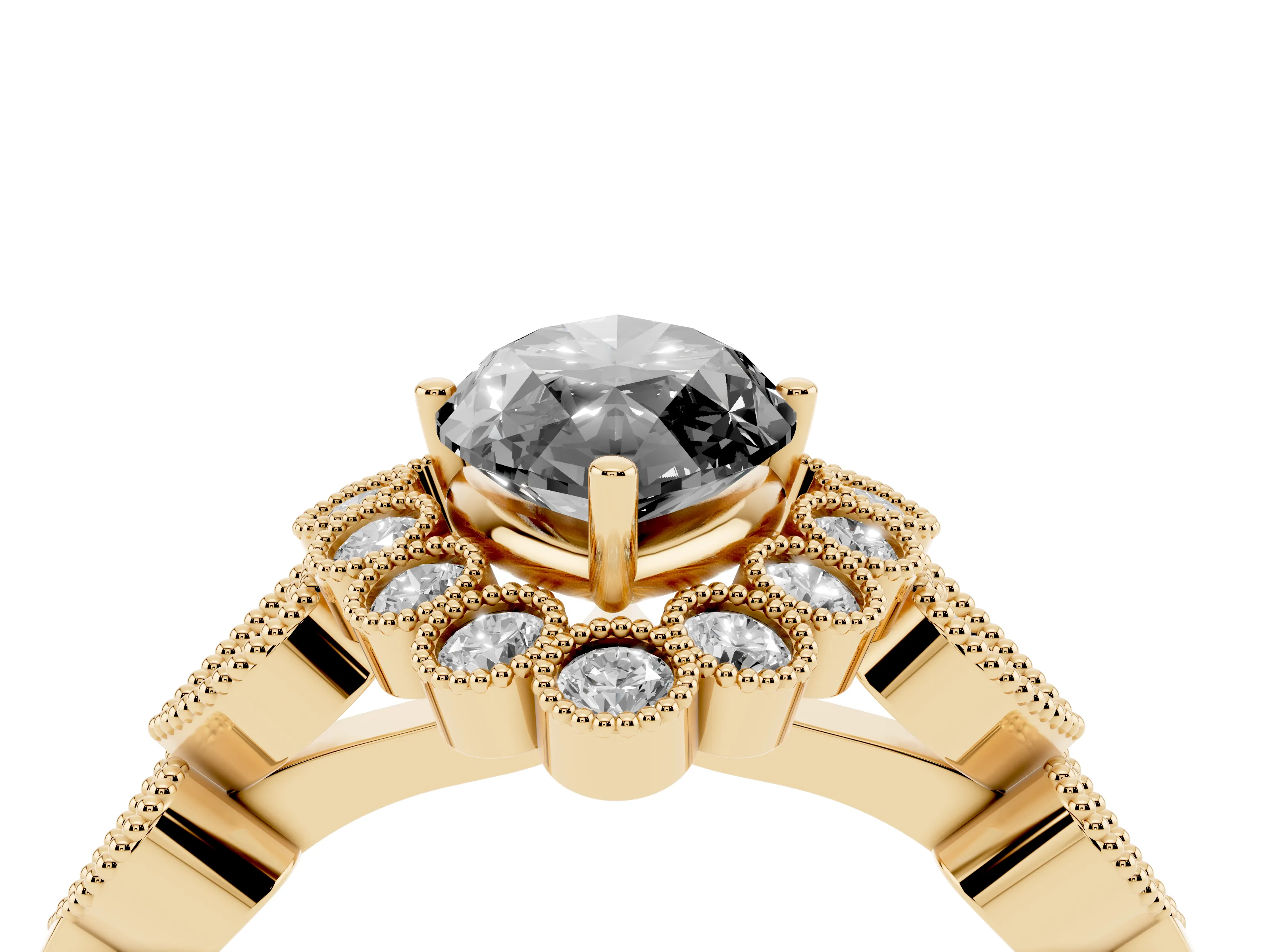 Fancy Black Marquise Cut Diamond Solitaire Ring Set in Yellow gold with Milgrain Pavé Heart Band