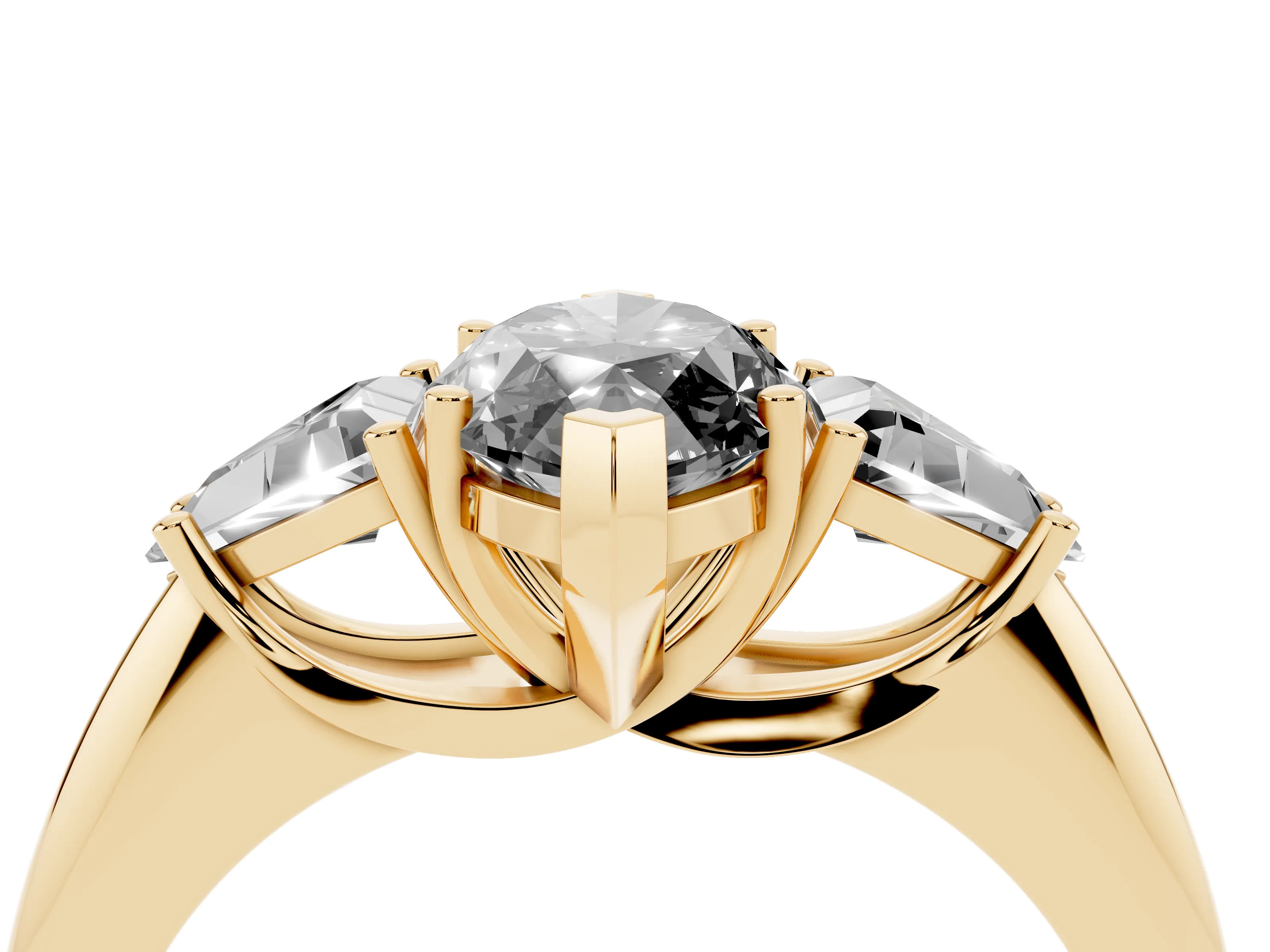 Fancy Black Marquise Cut Diamond Three-Stone Engagement Ring Set in Yellow gold with Trillion Side Stones