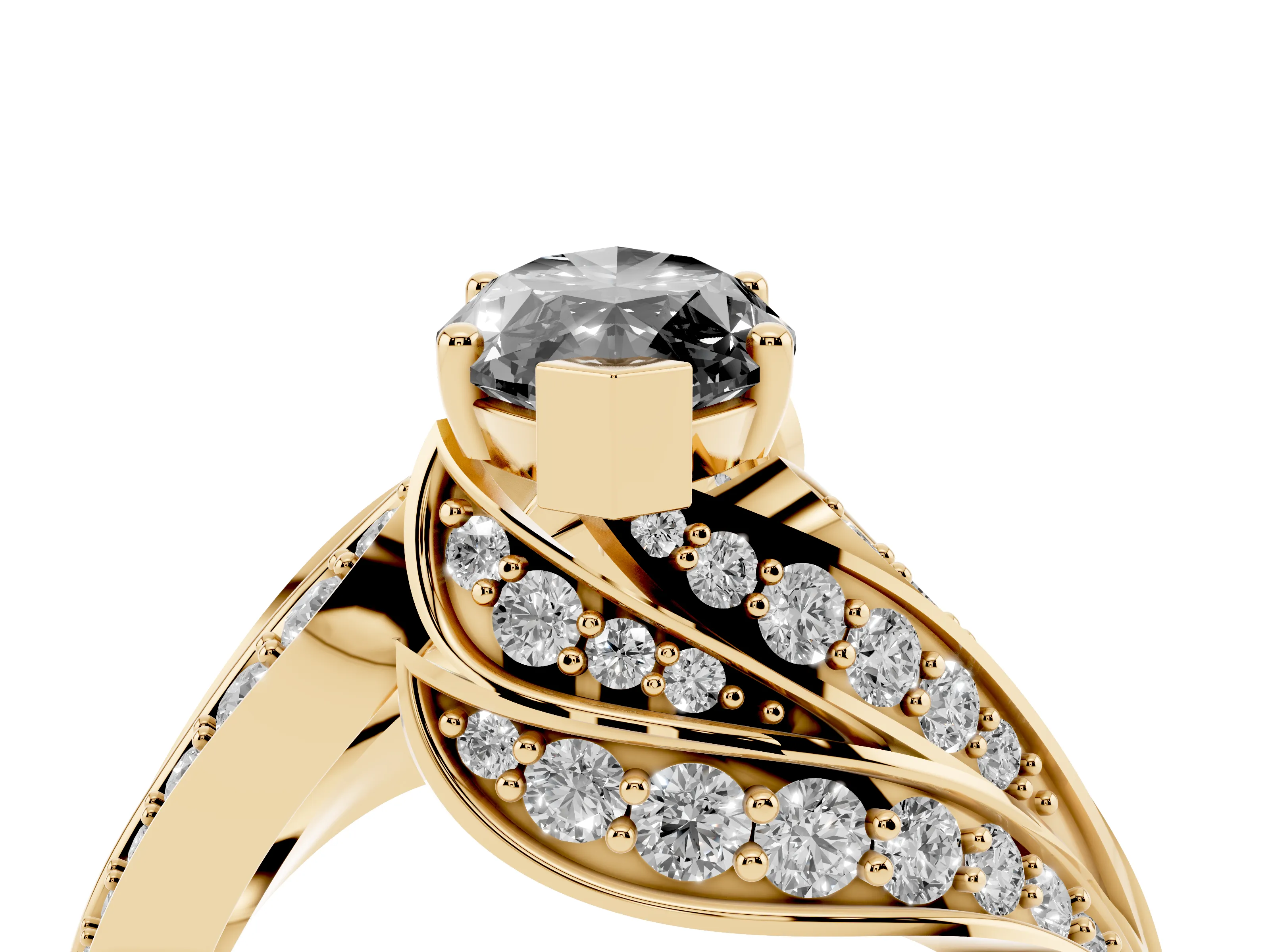 Fancy Black Marquise Cut Diamond Solitaire Ring Set in Yellow gold with Layered Twist Pavé Band