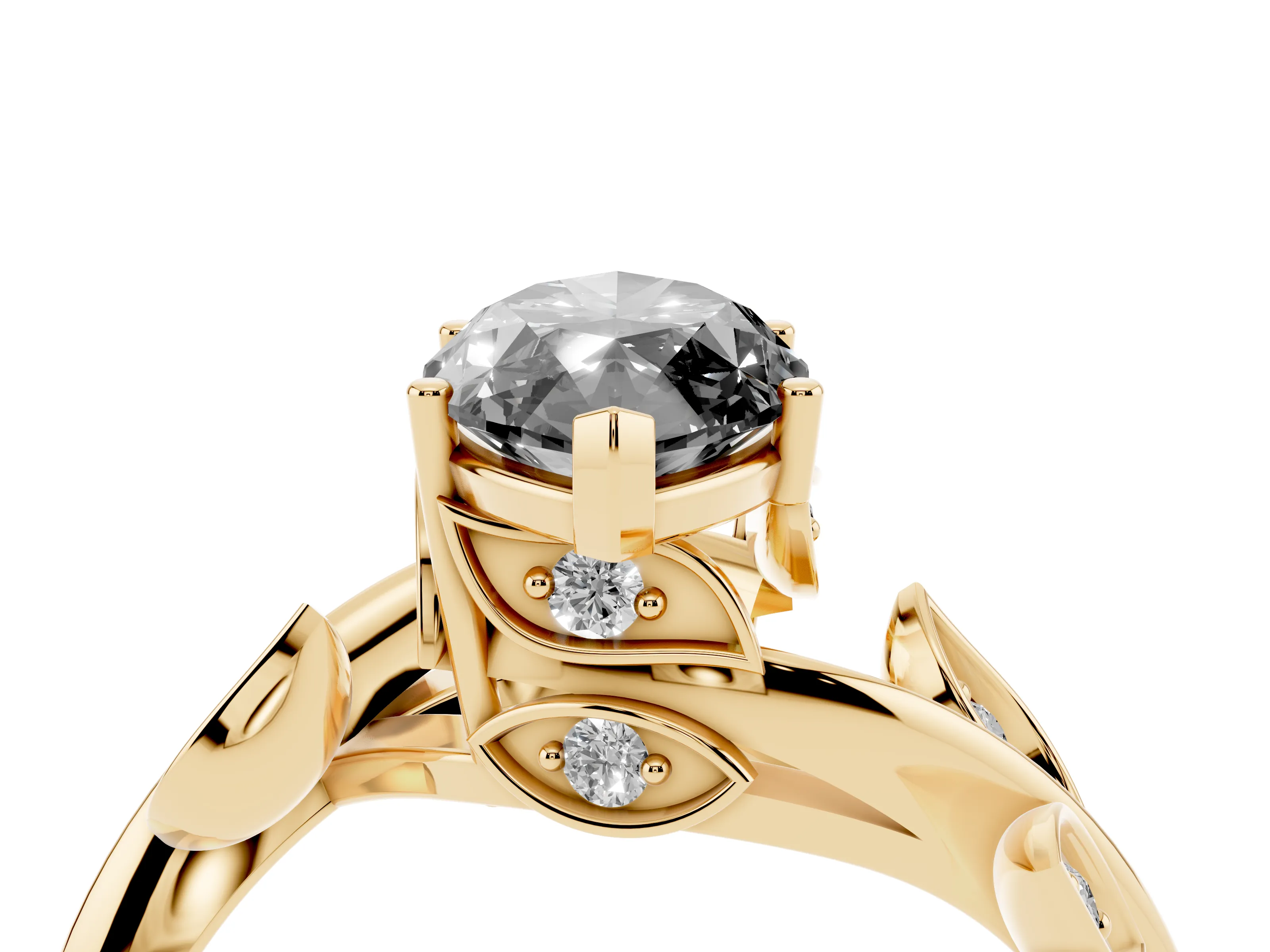 Fancy Black Marquise Cut Diamond Solitaire Twist Engagement Ring Set in Yellow gold with Pavé Leaf Accents