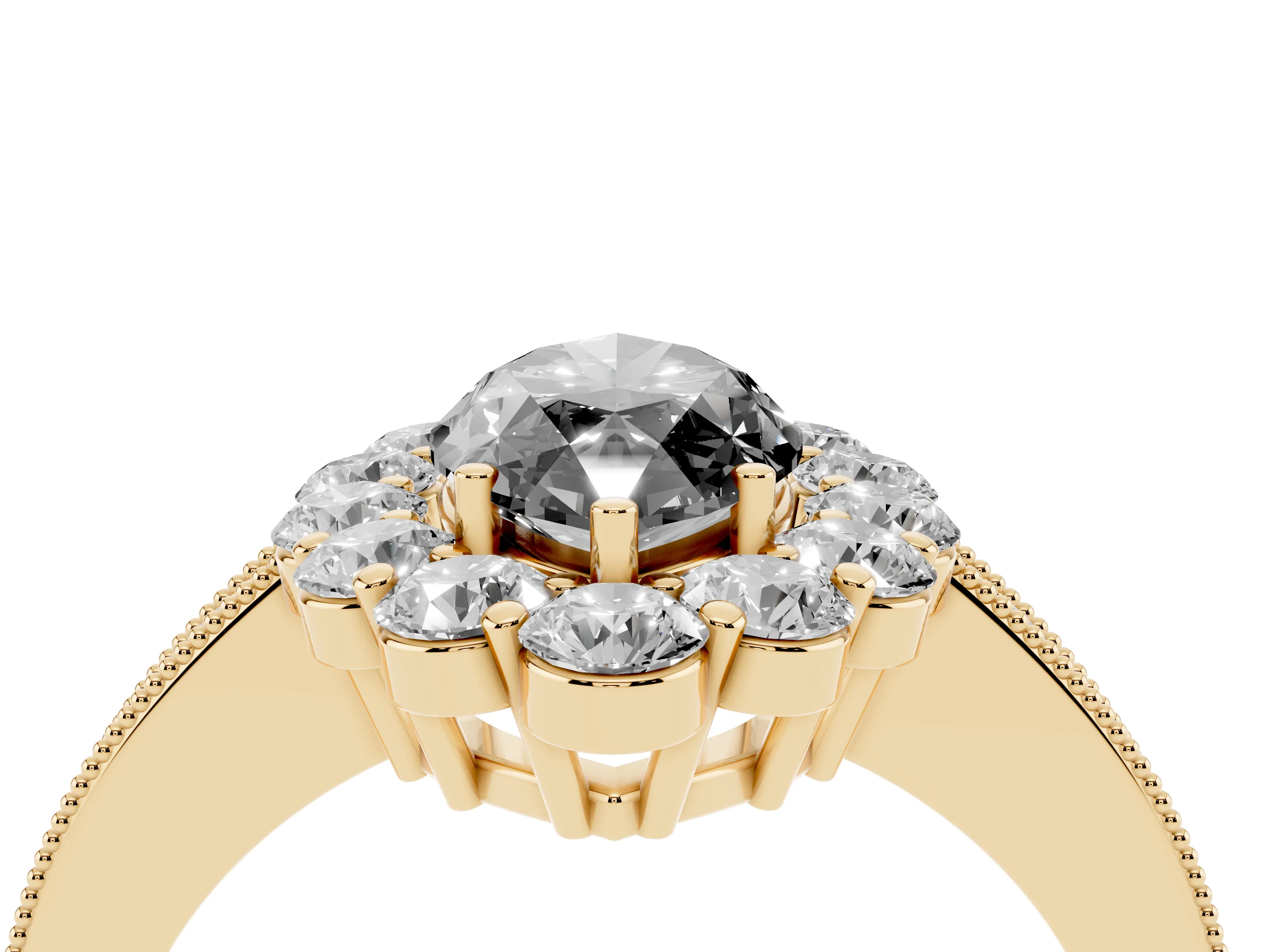Fancy Black Marquise Cut Diamond Halo Pavé Engagement Ring Set in Yellow gold with Milgrain Detailing