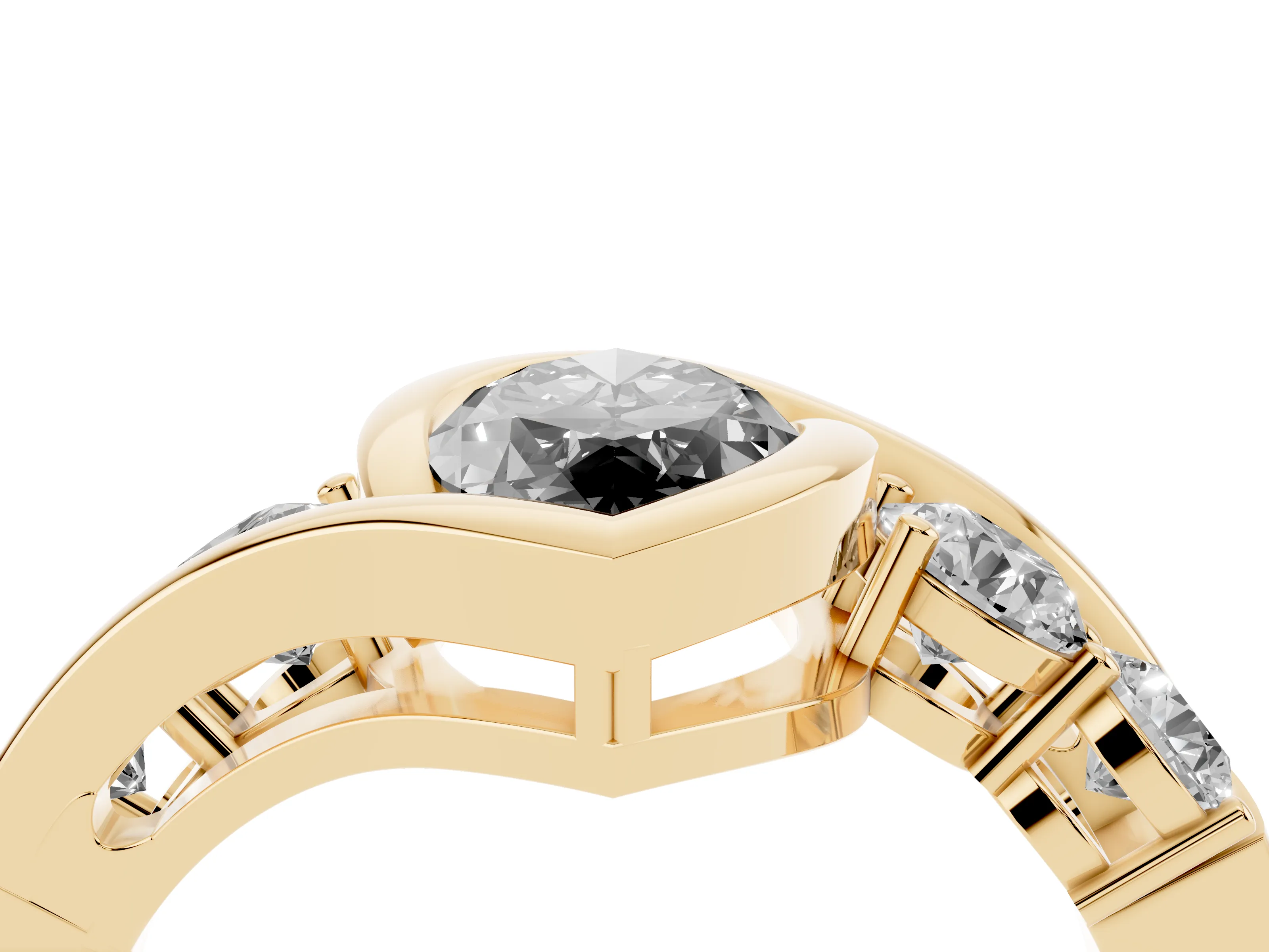 Fancy Black Marquise Cut Diamond Bezel Bypass Ring Set in Yellow gold with Round Accents