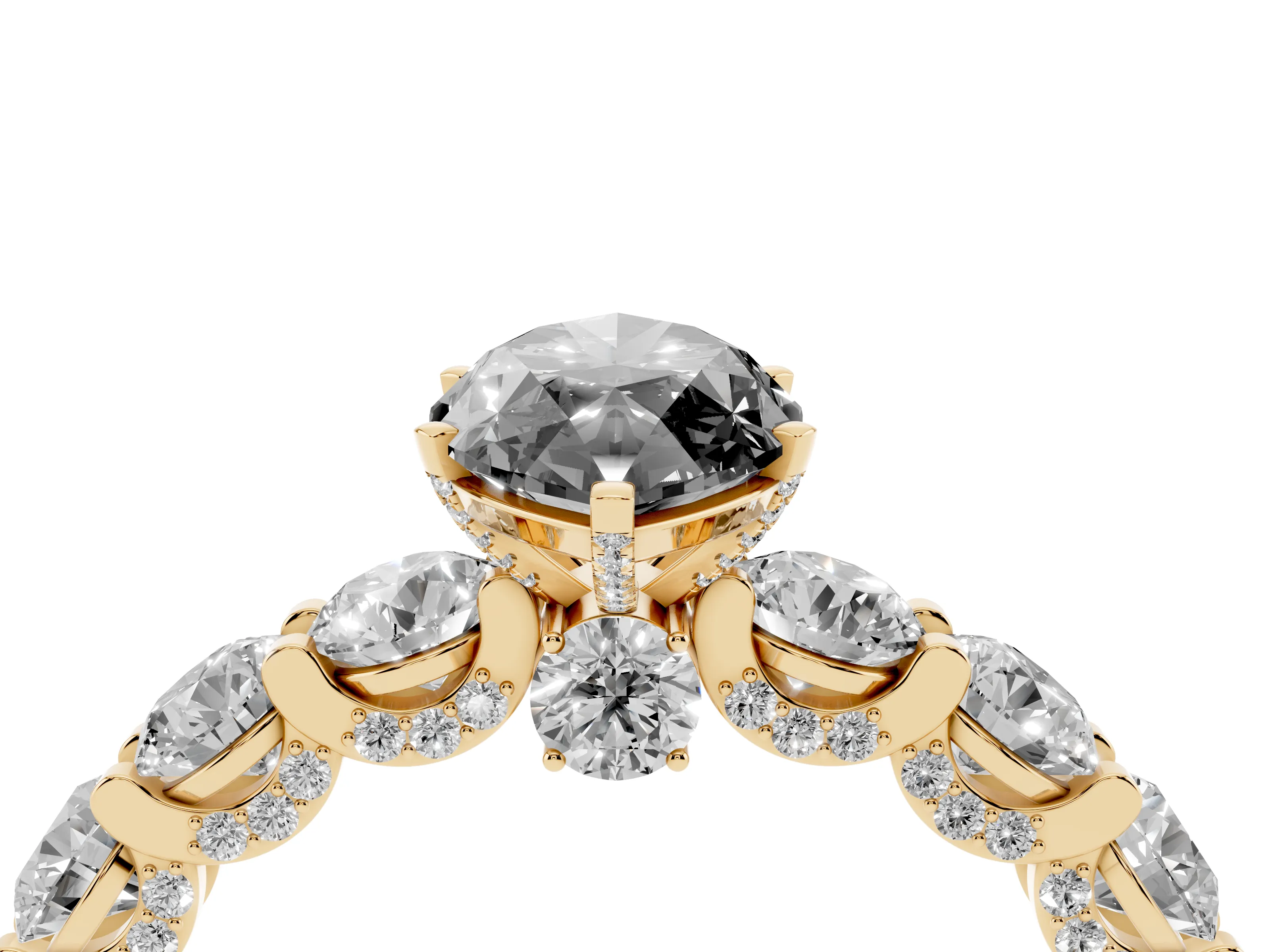 Fancy Black Marquise Cut Diamond Side Stone Ring Set in Yellow gold with Alternating Round and Oval Side Stones
