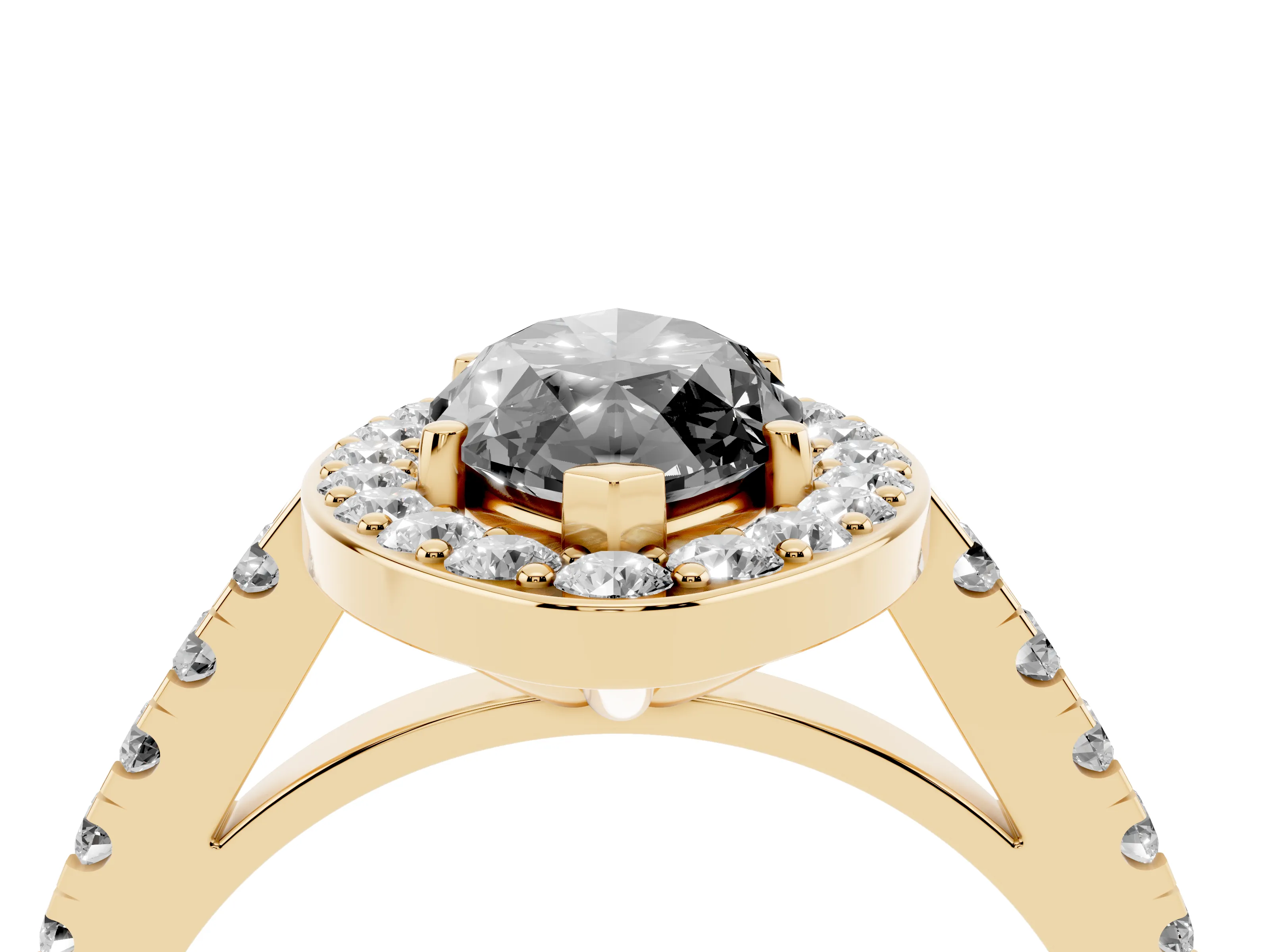 Fancy Black Marquise Cut Diamond Halo Ring Set in Yellow gold with Round Pavé Split Shank and Prong Setting