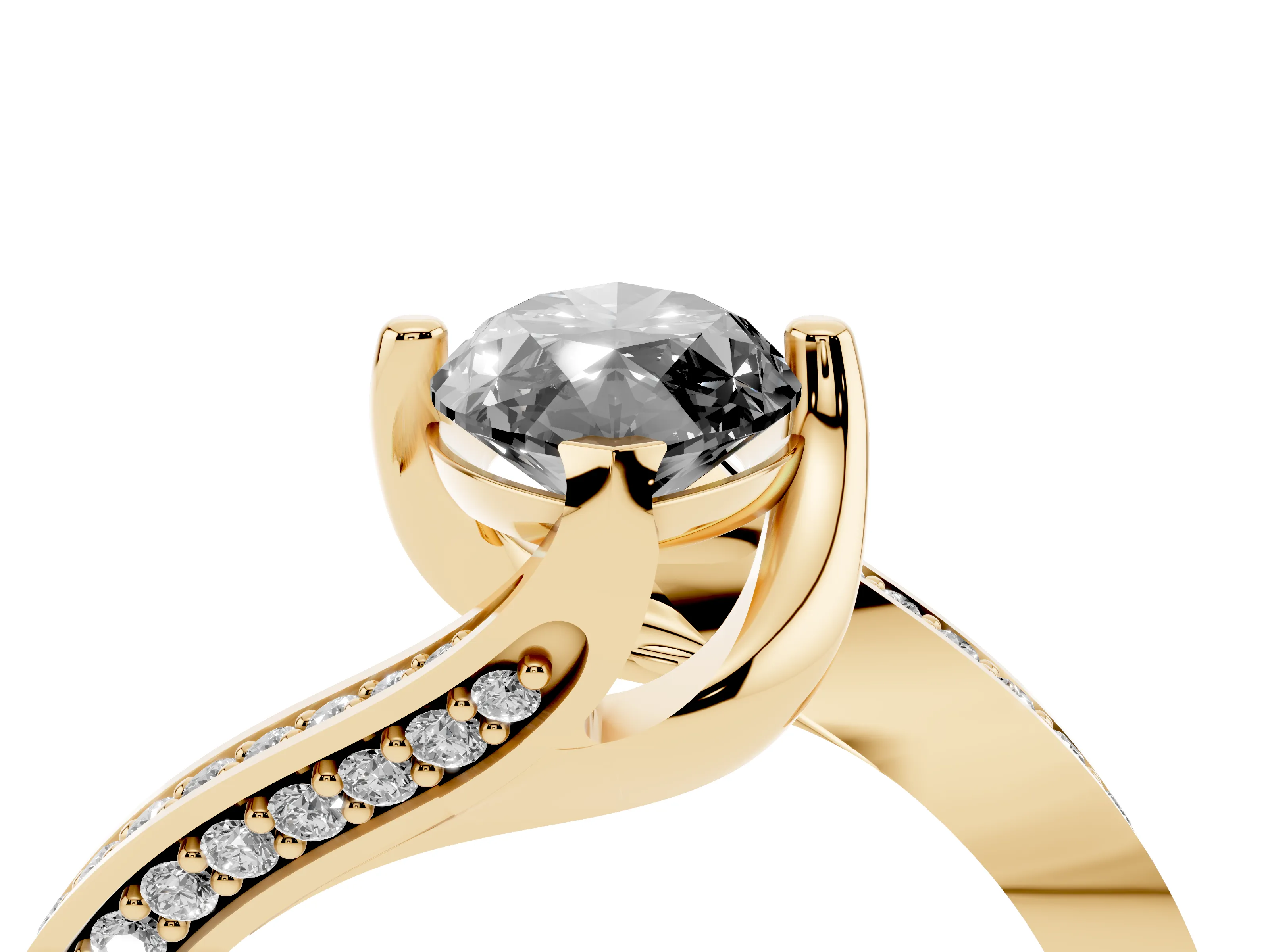 Fancy Black Marquise Cut Diamond Solitaire Ring Set in Yellow gold with Intertwined Pavé Twist Band