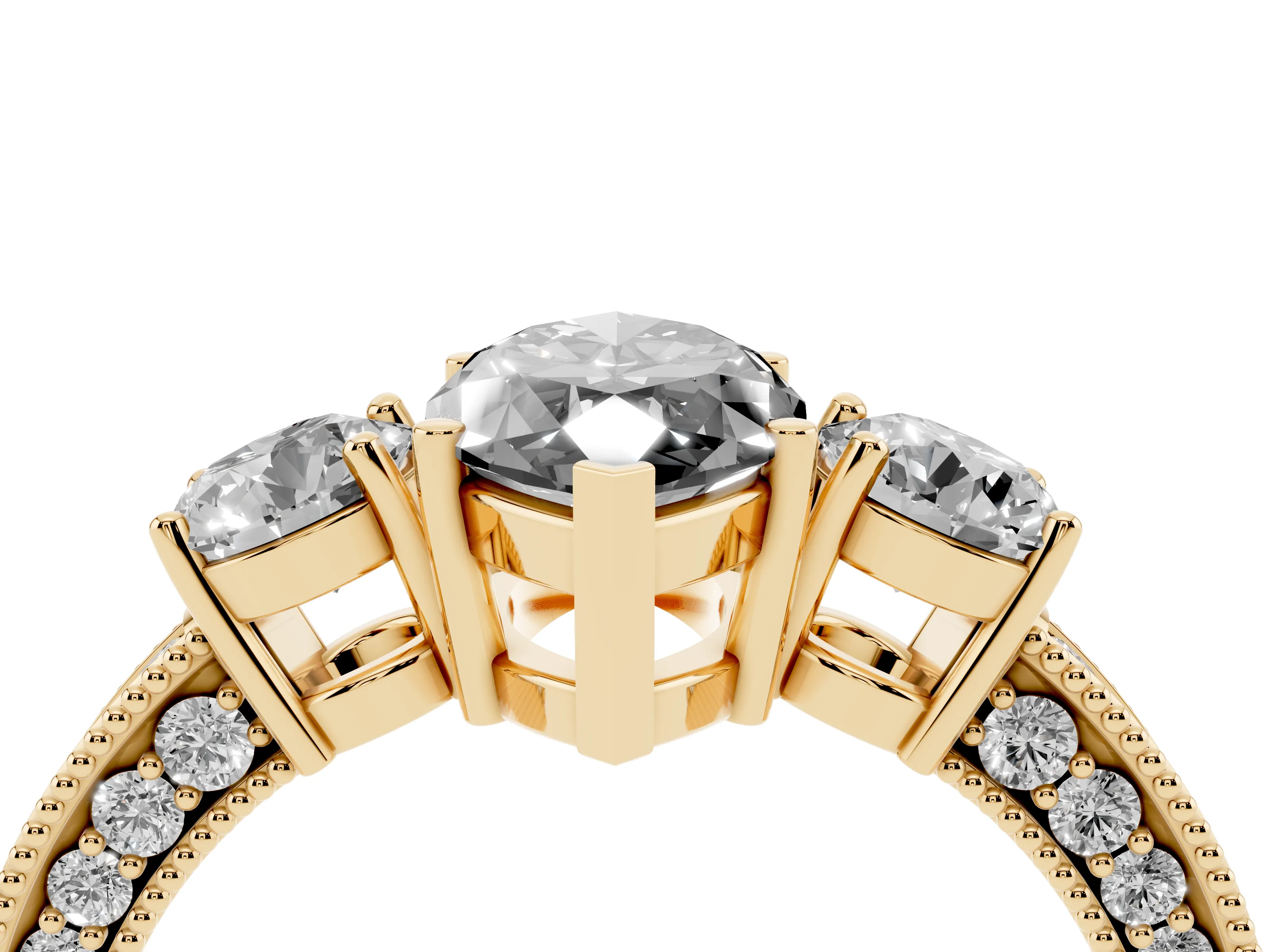 Fancy Black Marquise Cut Diamond Three-Stone Ring Set in Yellow gold with Round Side Stones and Pavé Band