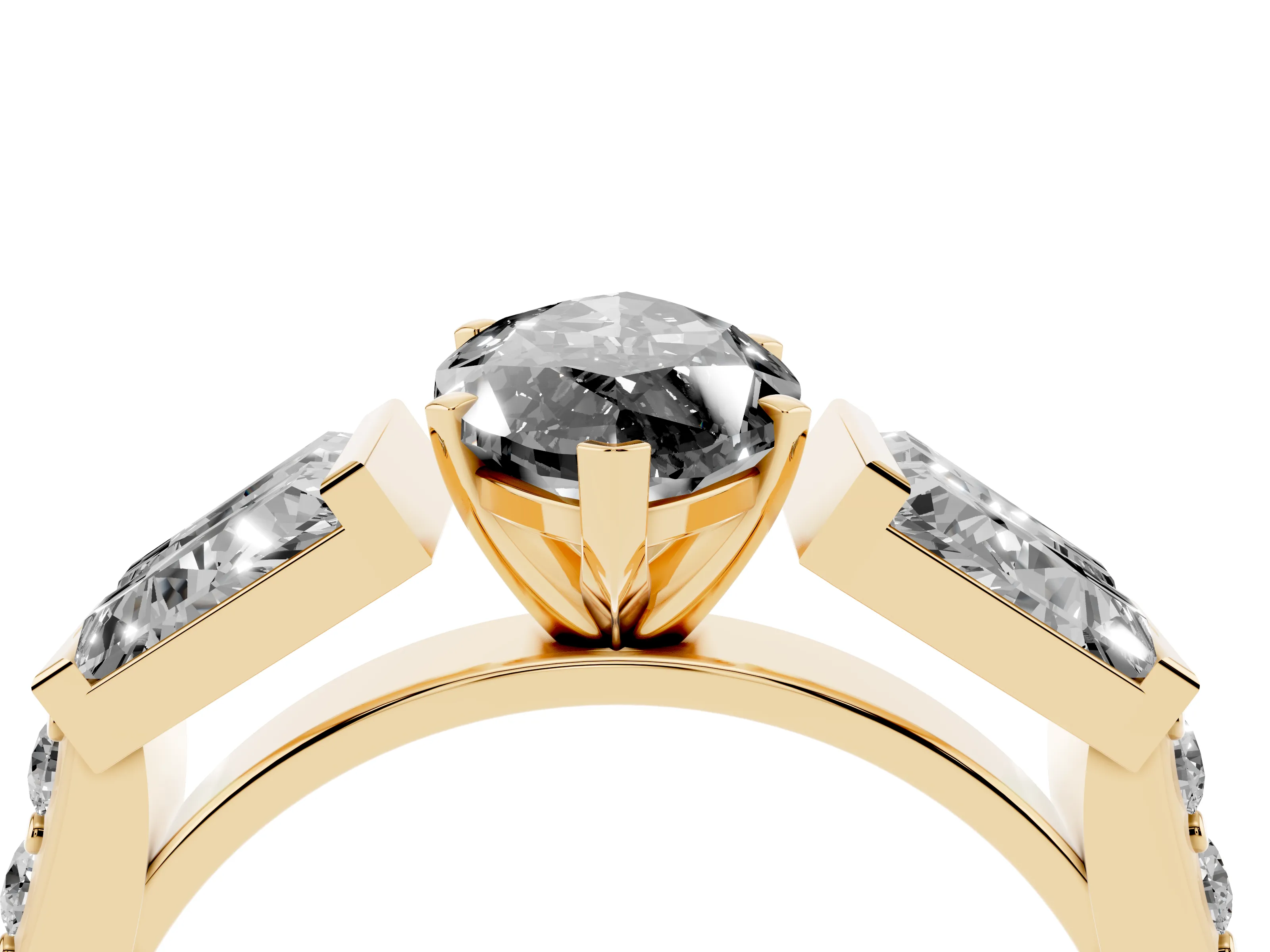 Fancy Black Marquise Cut Diamond Engagement Ring Set in Yellow gold with Baguette Side Stones and Channel Set Band