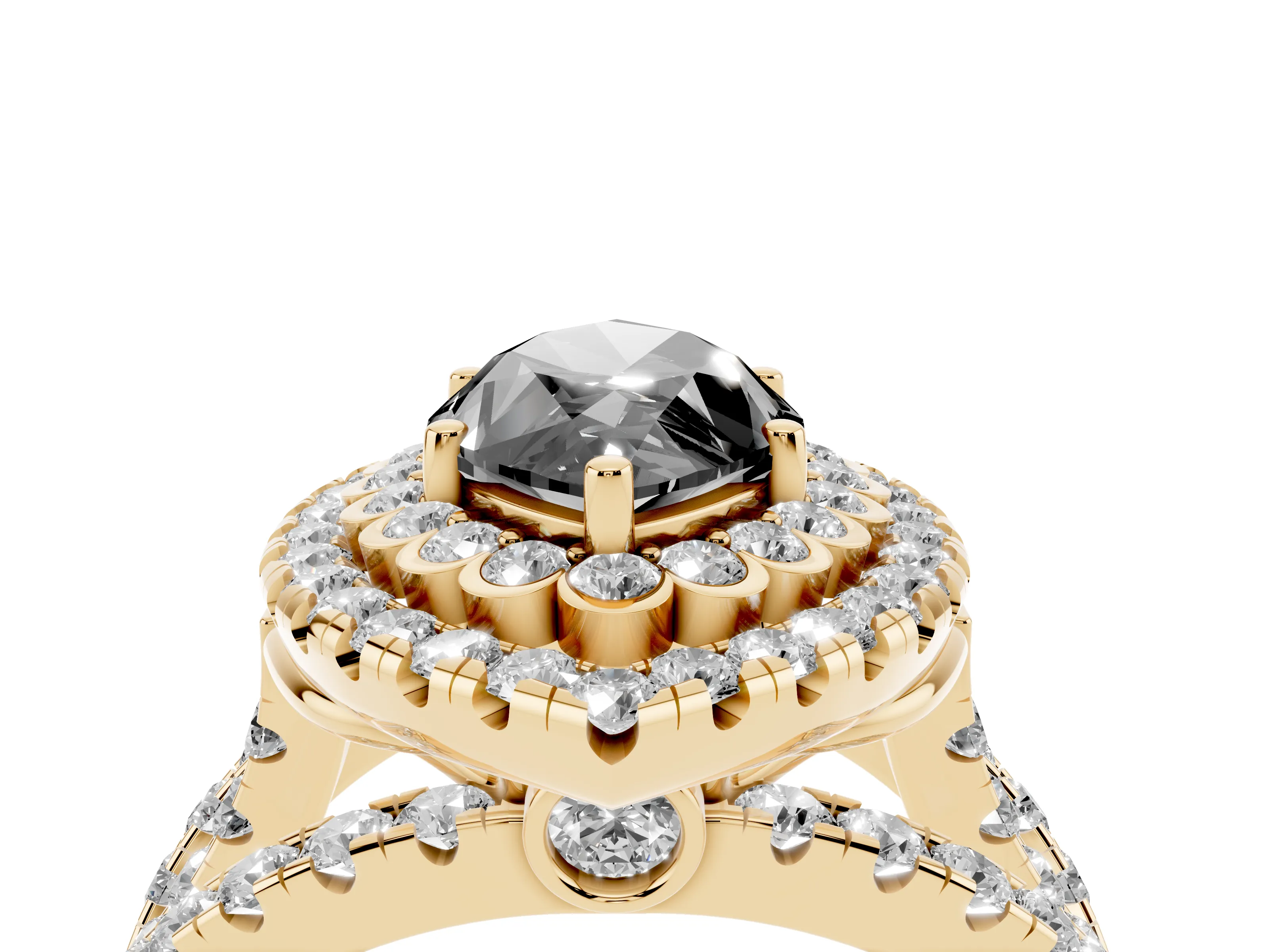 Fancy Black Marquise Cut Diamond Double Halo Ring Set in Yellow gold with Round Pavé Split Shank