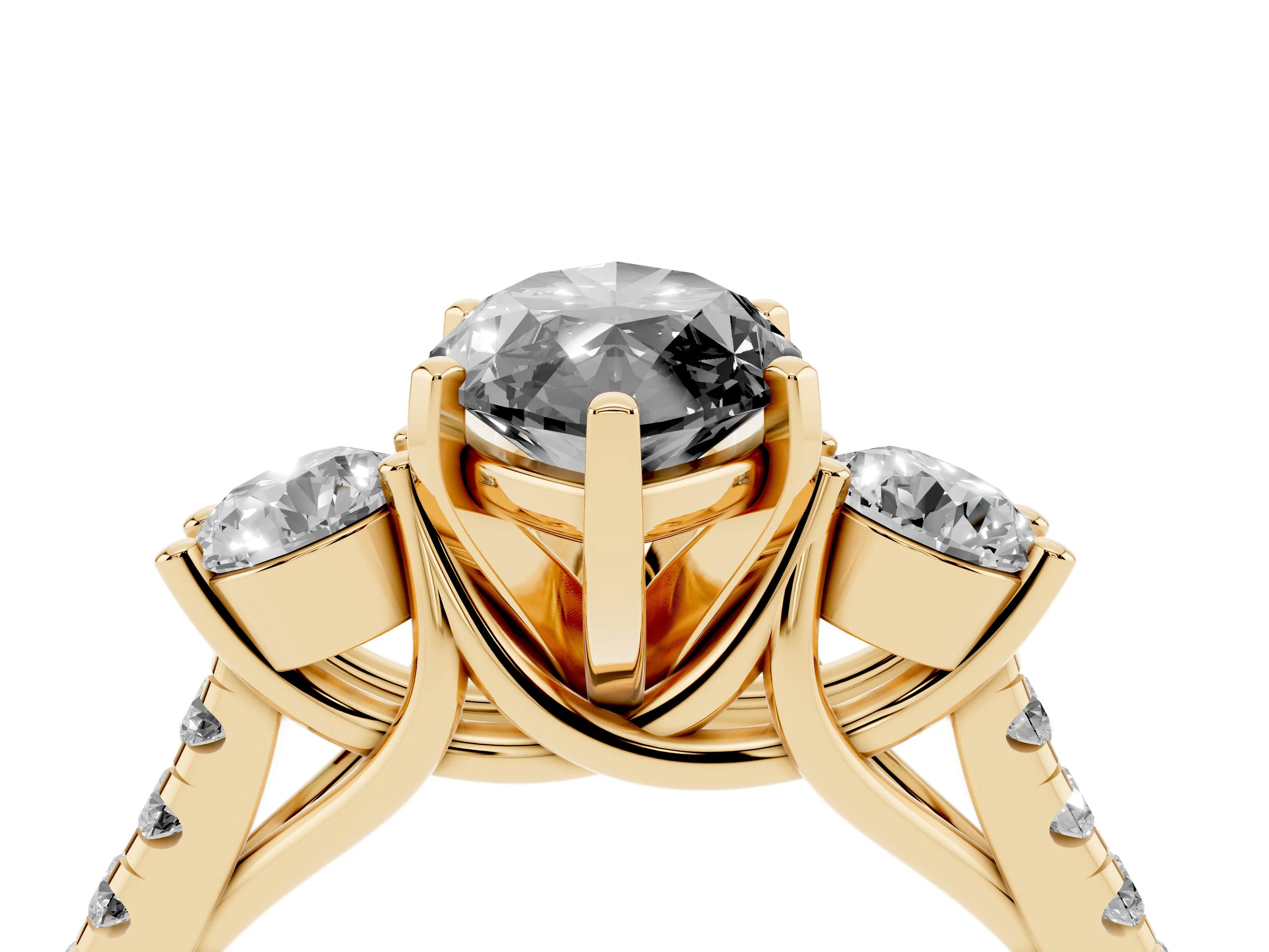 Fancy Black Three-Stone Marquise Cut Diamond Pavé Band Ring Set in Yellow gold with Prong-Set Trio