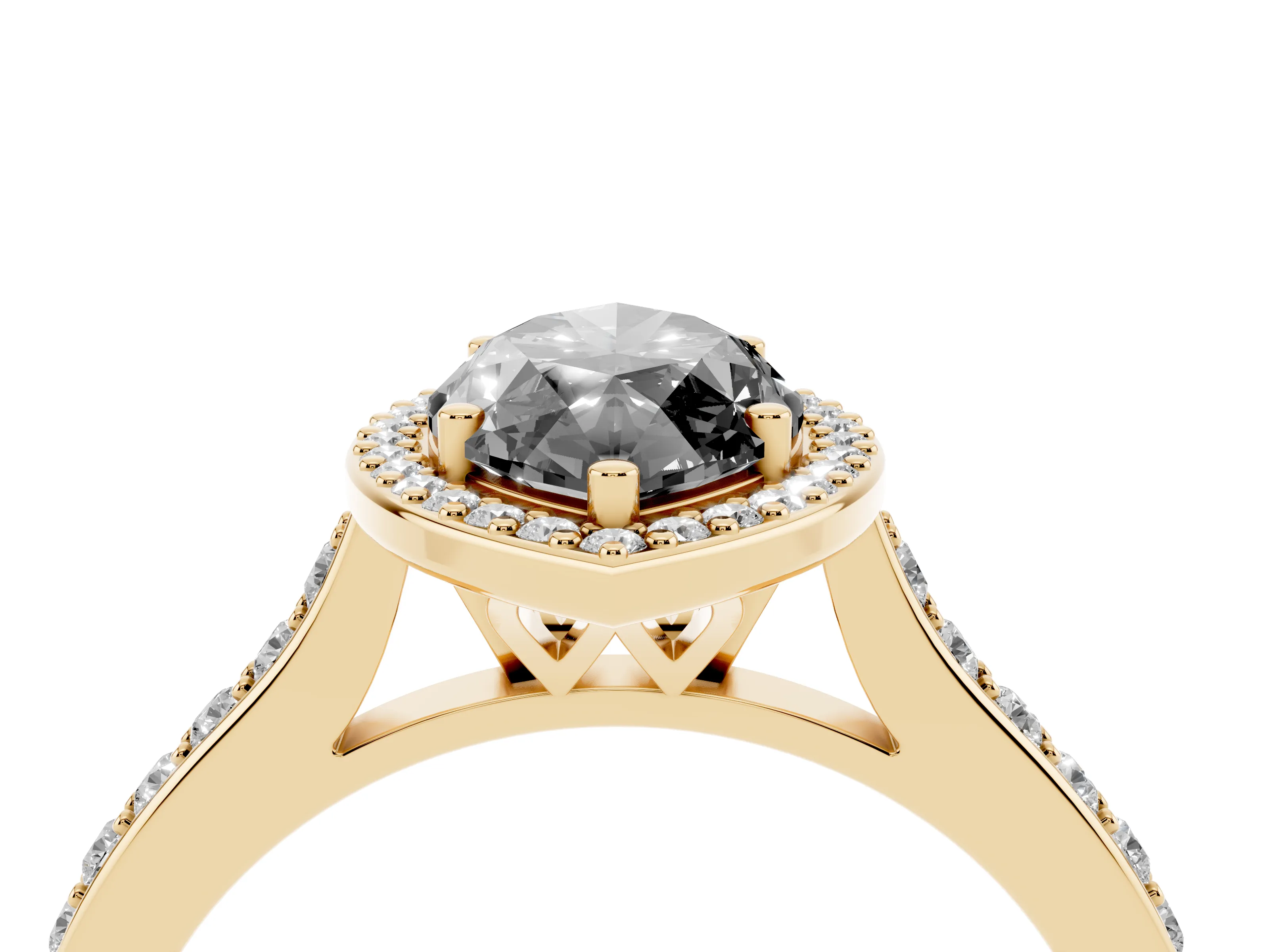 Fancy Black Marquise Cut Diamond Halo Engagement Ring Set in Yellow gold with Round Pavé Shoulders and Heart Gallery