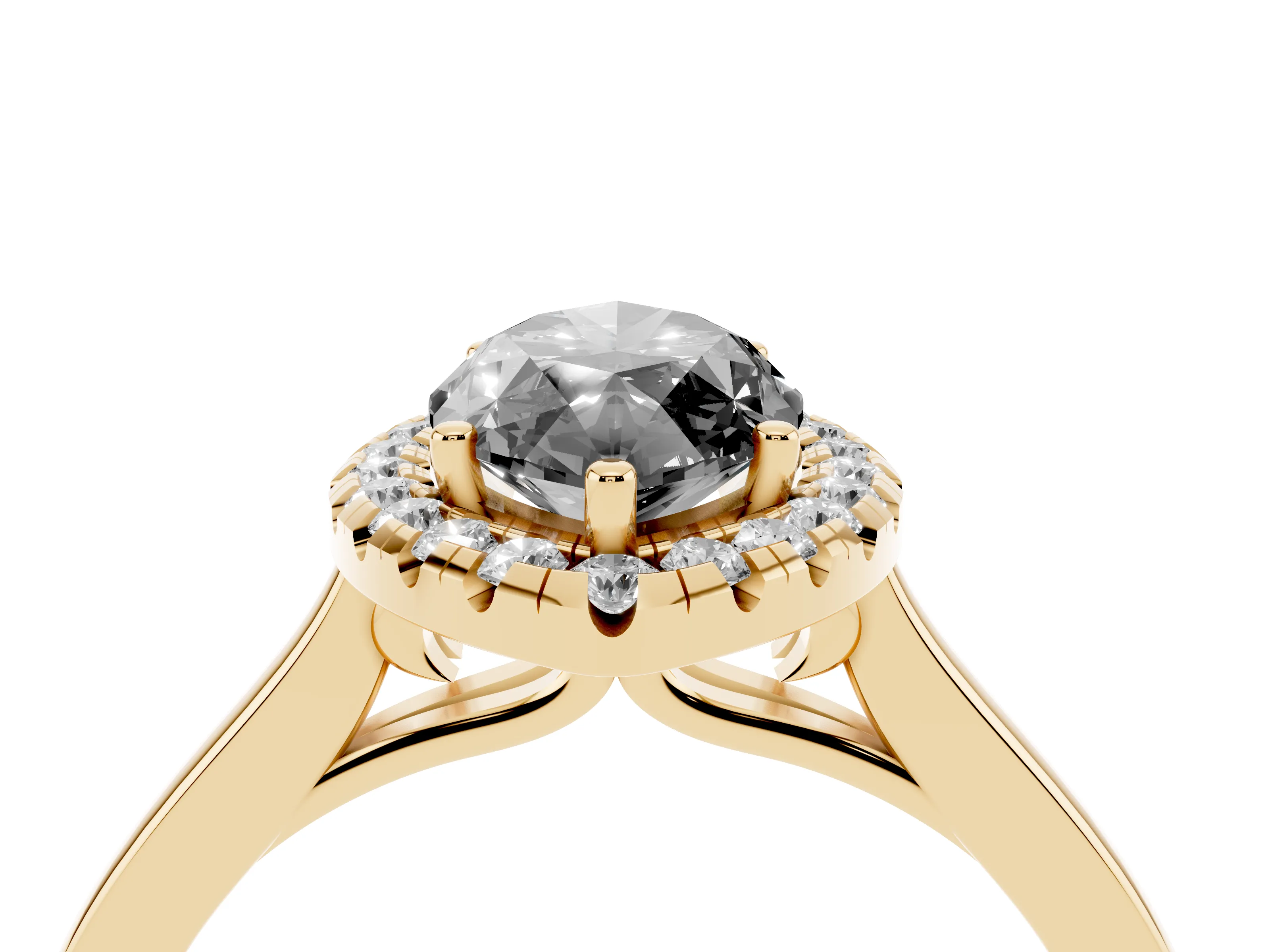 Fancy Black Marquise Cut Halo Round Diamond Solitaire Ring Set in Yellow gold with Pavé Band and Prong Setting