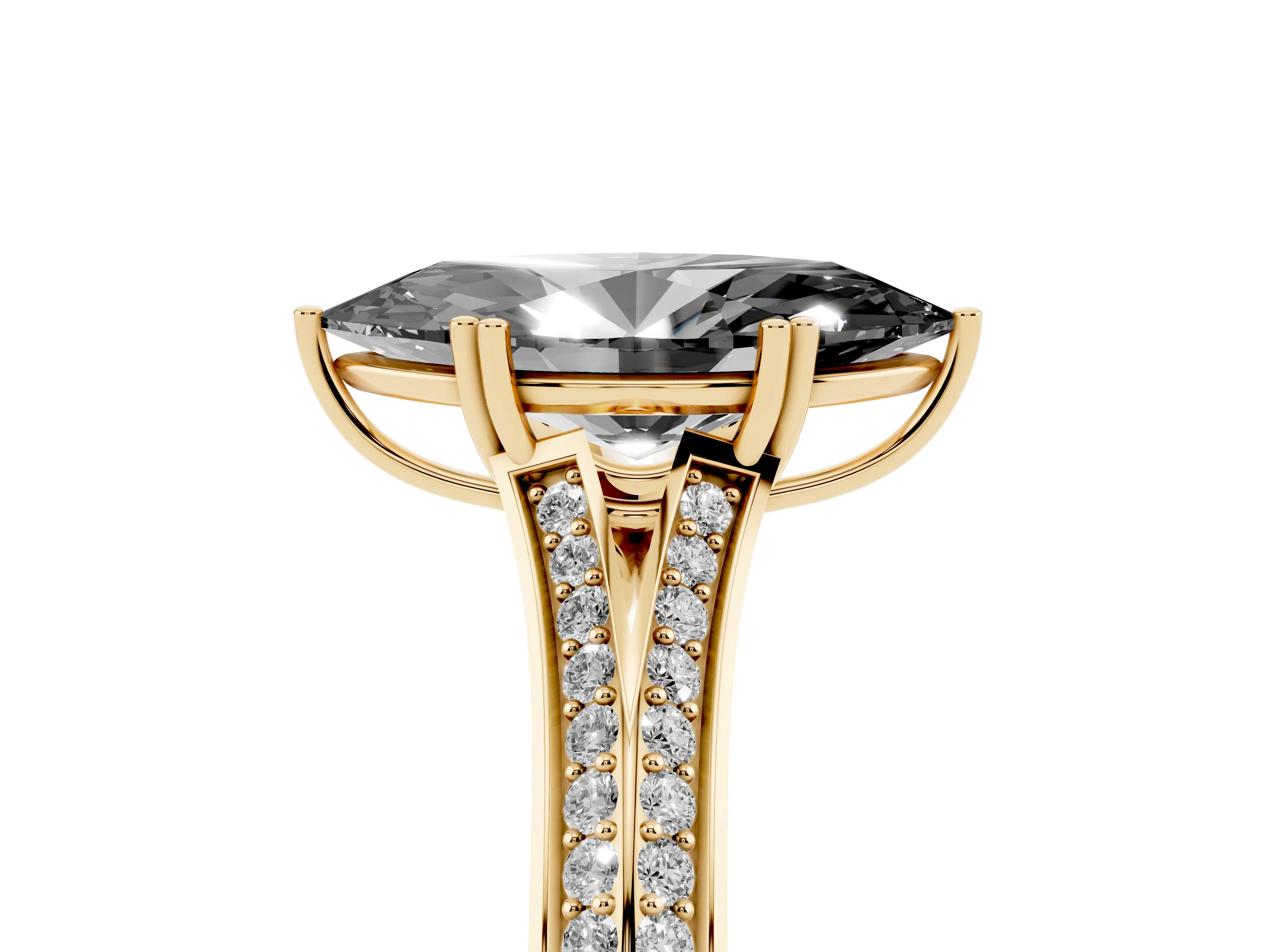 Fancy Black Marquise Cut Diamond Split Shank Pavé Engagement Ring Set in Yellow gold with Prong-Set Center Stone