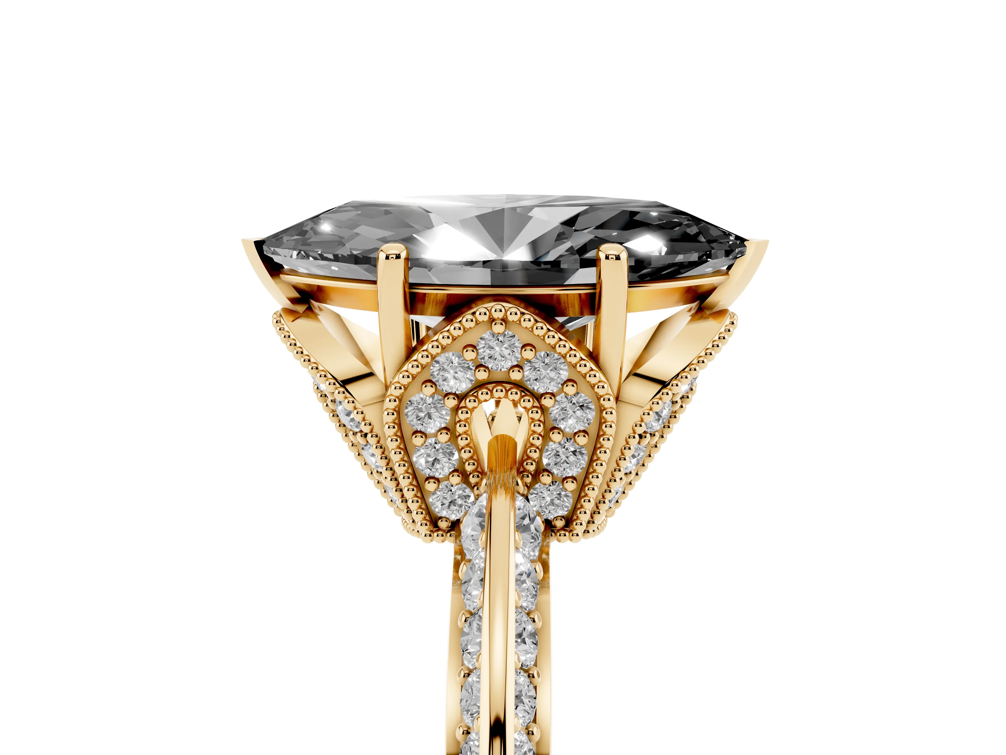 Fancy Black Marquise Cut Diamond Solitaire Engagement Ring Set in Yellow gold with Pavé Split Shank and Prong Setting