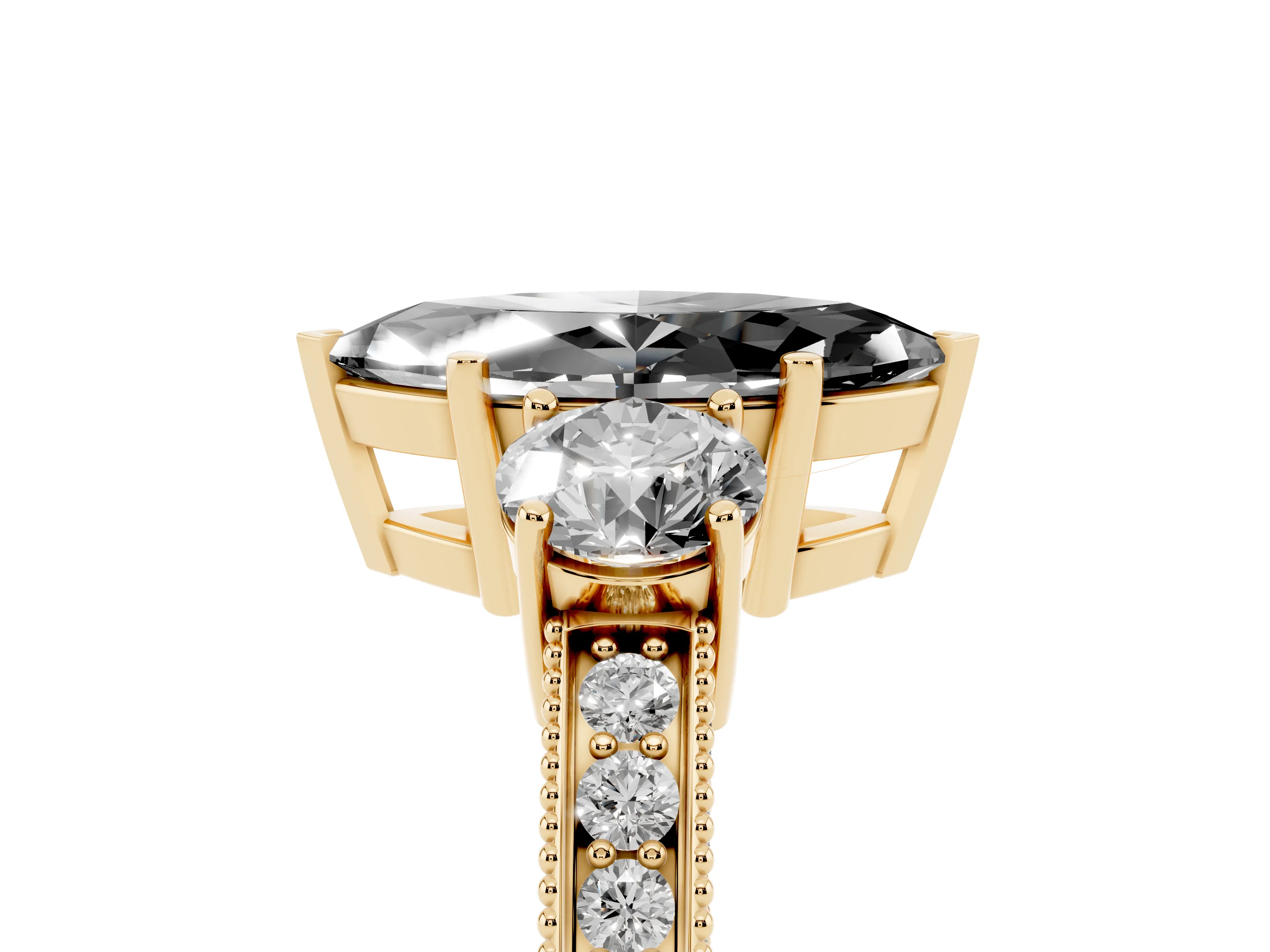 Fancy Black Marquise Cut Diamond Three-Stone Ring Set in Yellow gold with Round Side Stones and Pavé Band