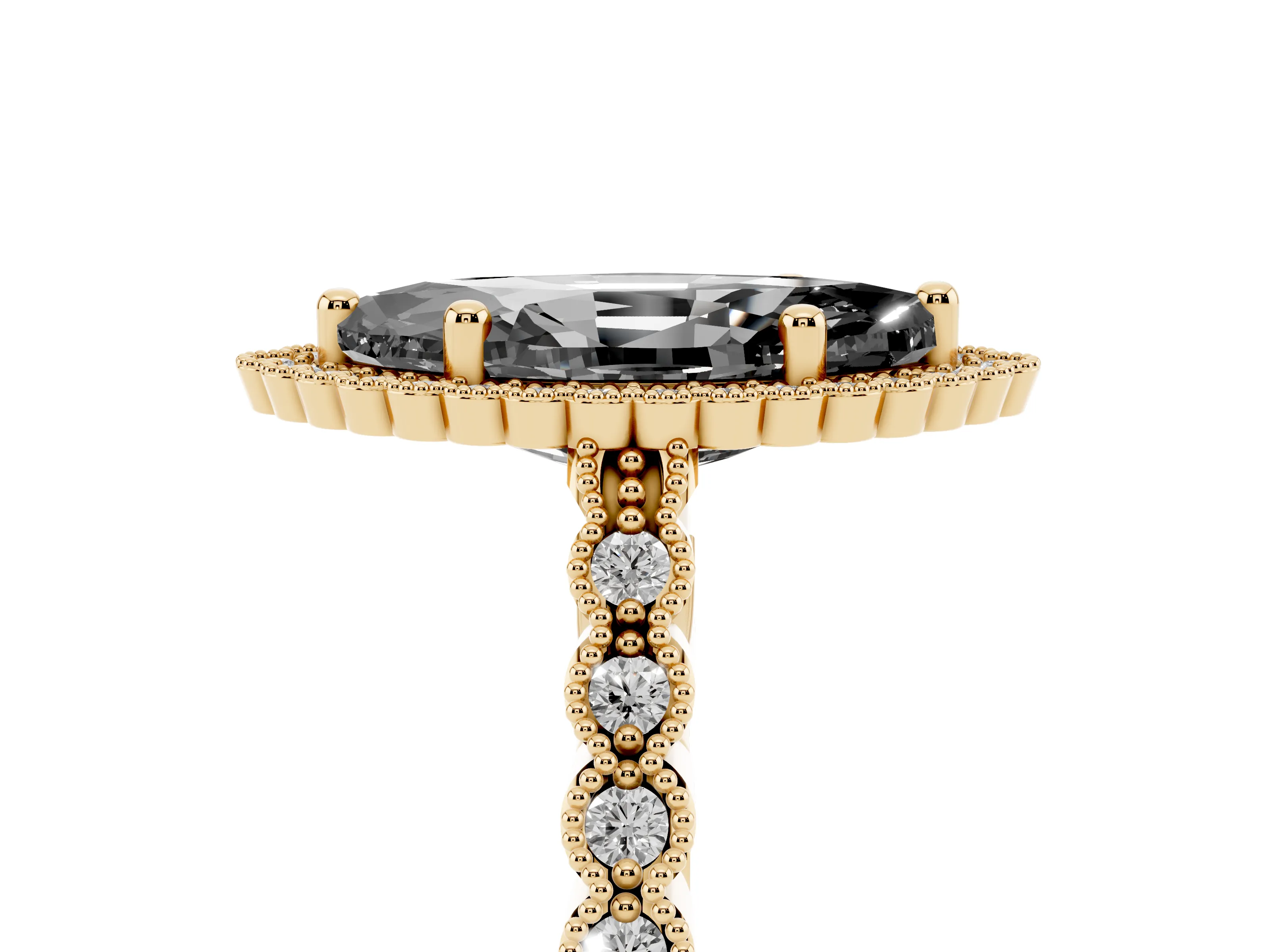 Fancy Black Marquise Cut Diamond Halo Ring Set in Yellow gold with Pavé Milgrain Band