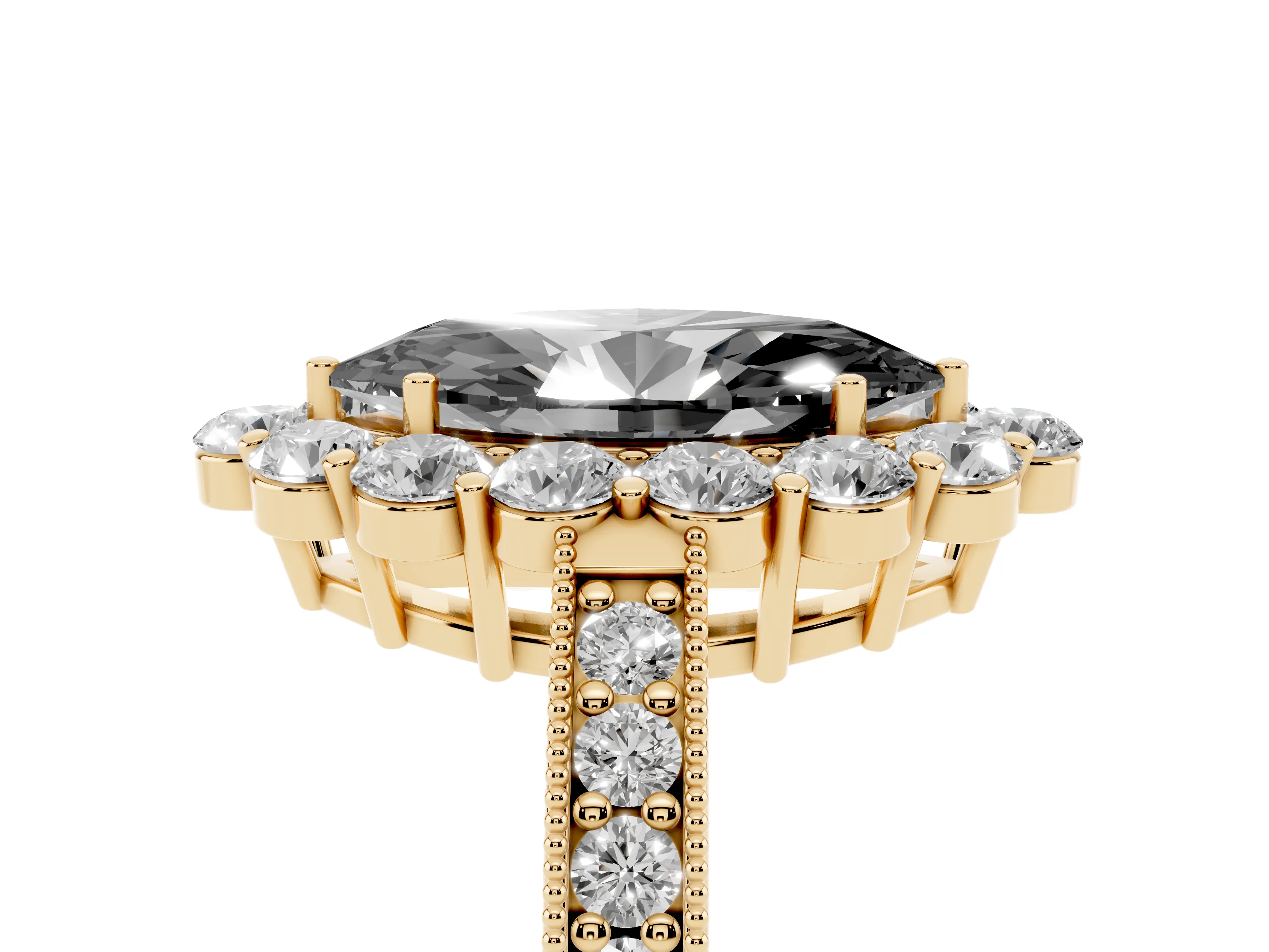 Fancy Black Marquise Cut Diamond Halo Pavé Engagement Ring Set in Yellow gold with Milgrain Detailing