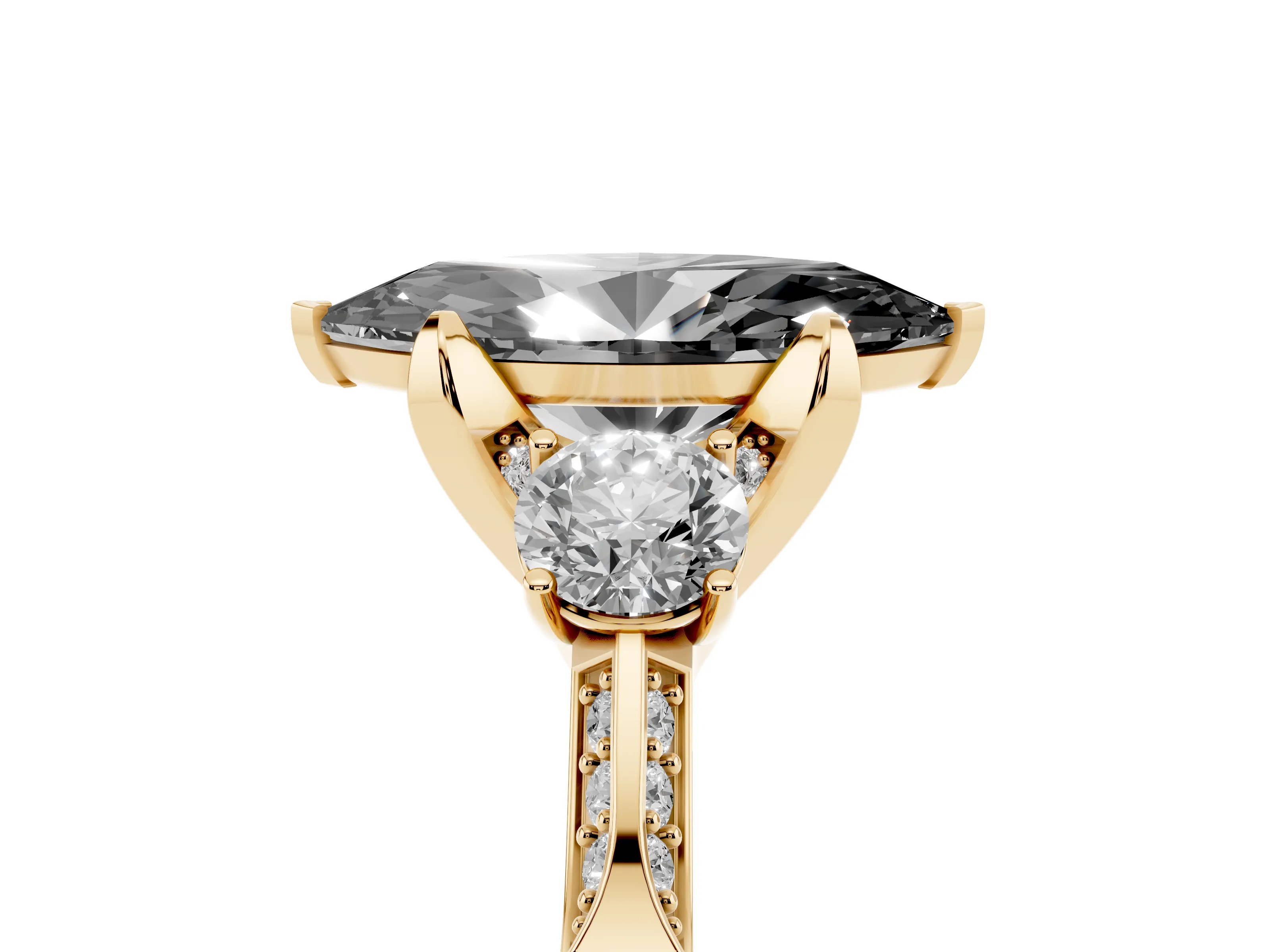 Fancy Black Marquise Cut Diamond Three-Stone Ring Set in Yellow gold with Pavé Band and Smaller Side Stones