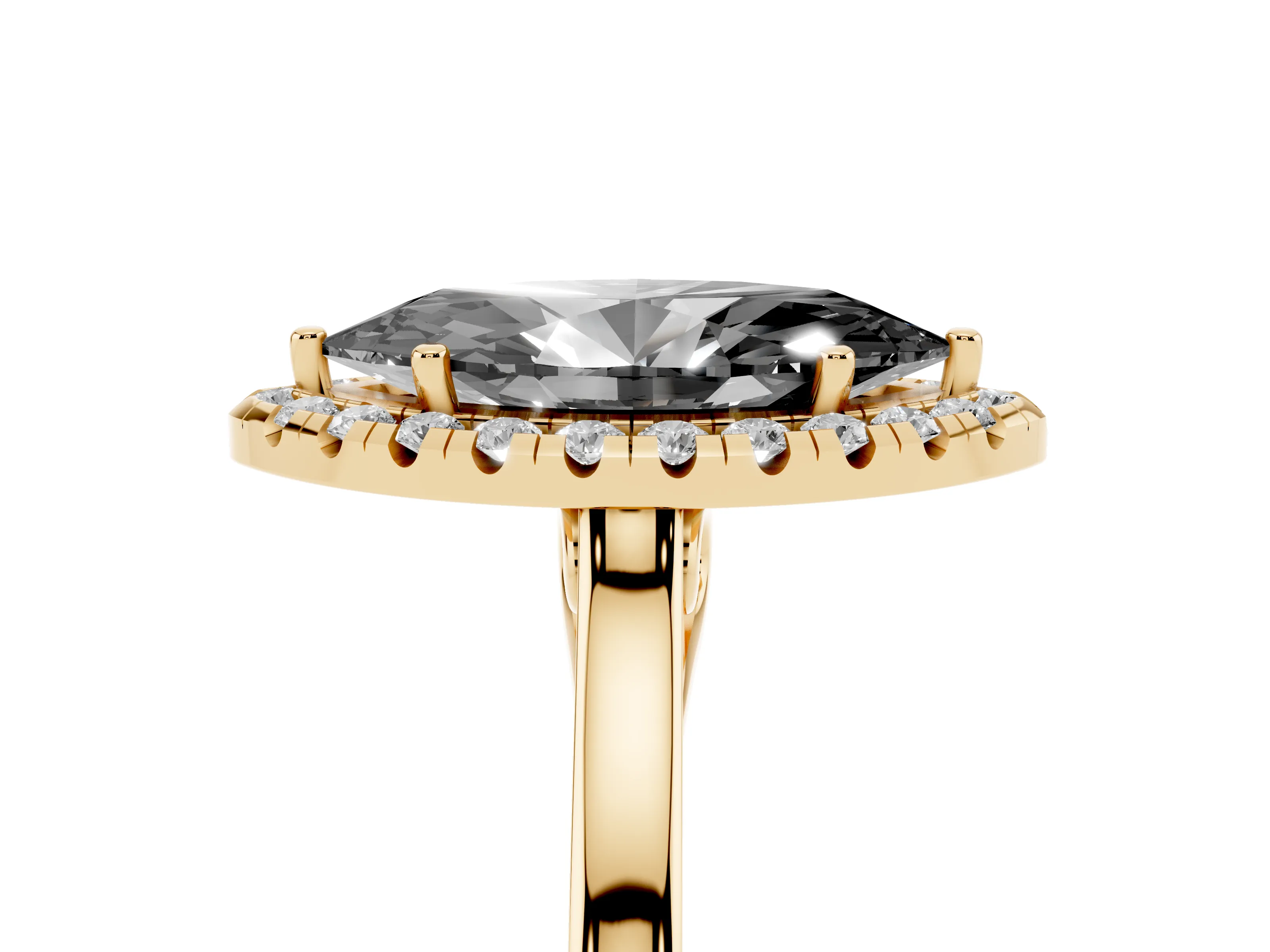 Fancy Black Marquise Cut Halo Round Diamond Solitaire Ring Set in Yellow gold with Pavé Band and Prong Setting
